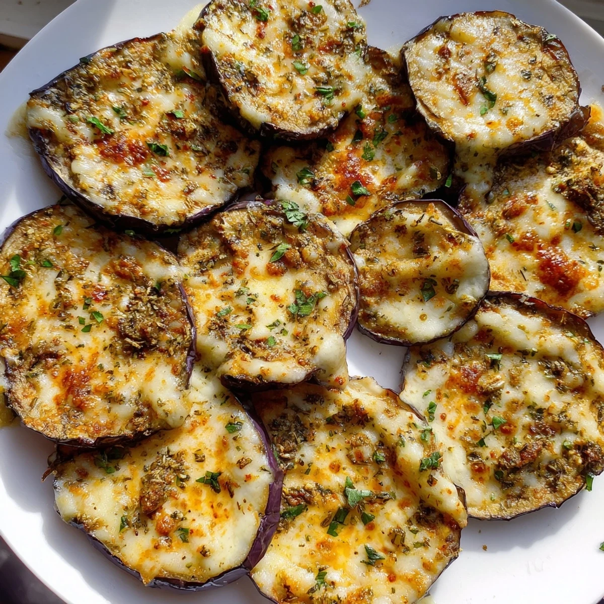 Golden roasted eggplant rounds from Mediterranean Roasted Eggplant & Parmesan Crisps topped with bubbly, savory Parmesan and fresh herbs.  