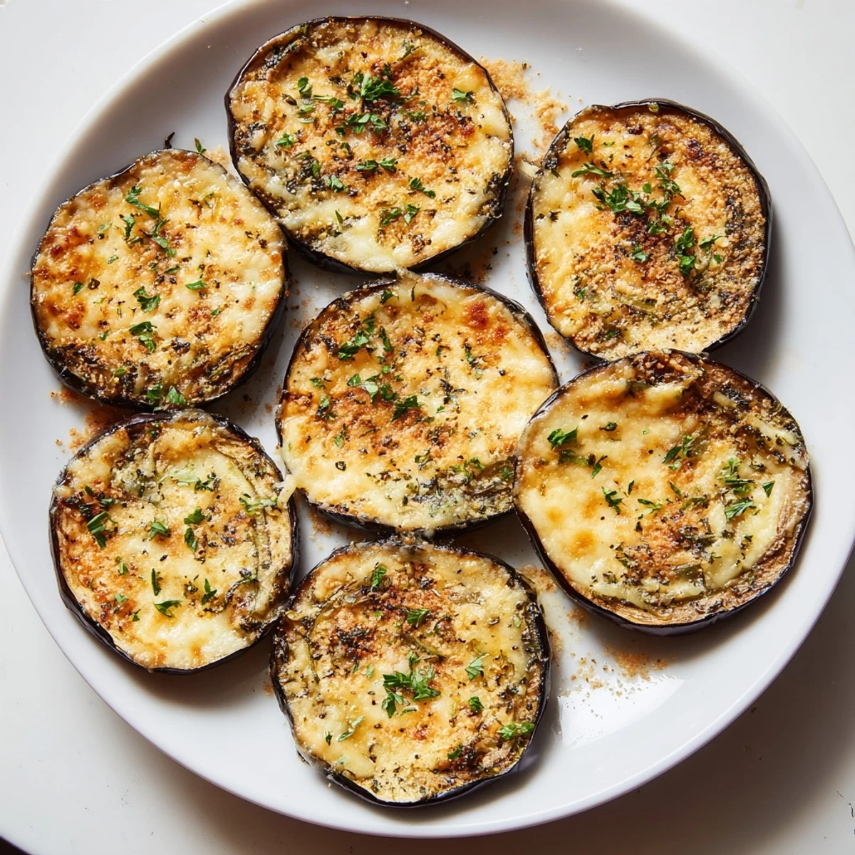 A close-up of Mediterranean Roasted Eggplant & Parmesan Crisps served on a white platter with lemon wedges for dipping.  