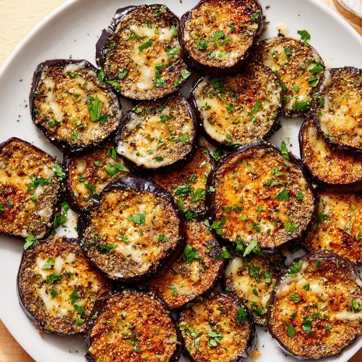 Appetizer platter of Mediterranean Roasted Eggplant & Parmesan Crisps garnished with parsley, ready to serve at a party.