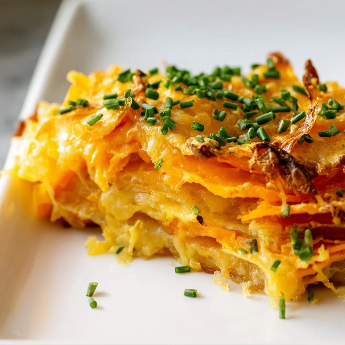 A close up view of a slice of Cheesy Sweet Potato Gratin with Caramelized Onions Delight on a white plate with fresh chives.
