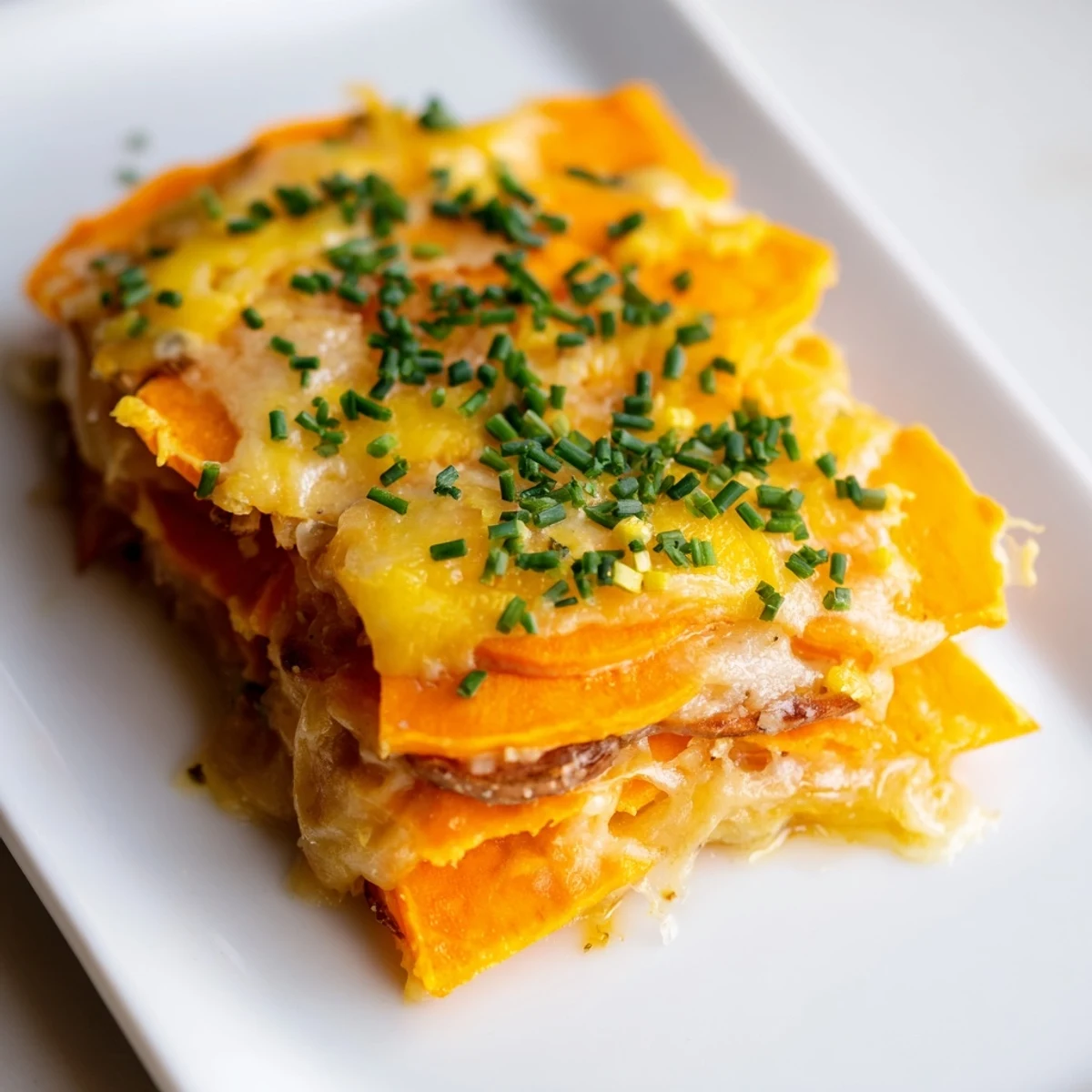 Golden brown, bubbling Cheesy Sweet Potato Gratin with Caramelized Onions Delight fresh from the oven, showing melted cheese and golden edges.