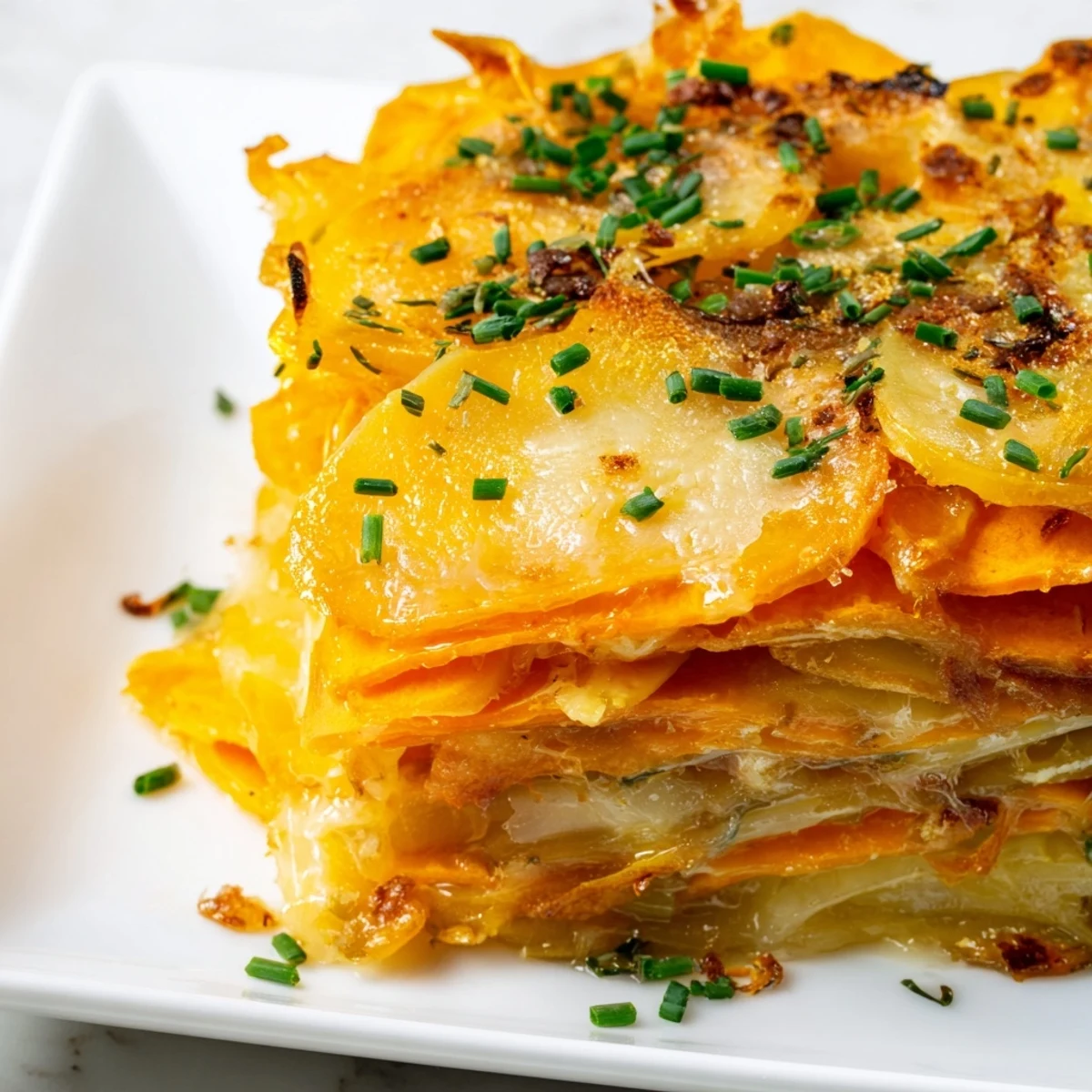 A serving dish of Cheesy Sweet Potato Gratin with Caramelized Onions Delight alongside a glass of crisp white wine on a rustic table.