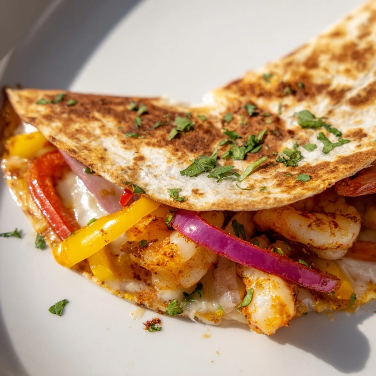 Crispy baked Shrimp Fajita Sheet Pan Quesadillas loaded with colorful peppers and melty Mexican cheese.