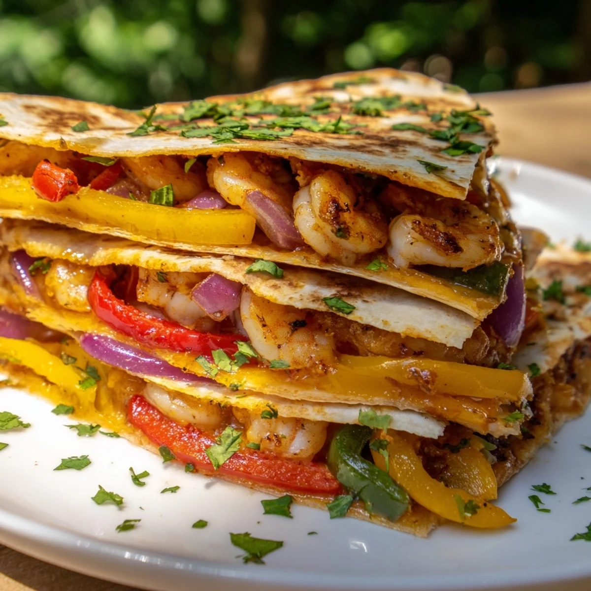 Golden brown Shrimp Fajita Sheet Pan Quesadillas served warm with a side of cool sour cream.