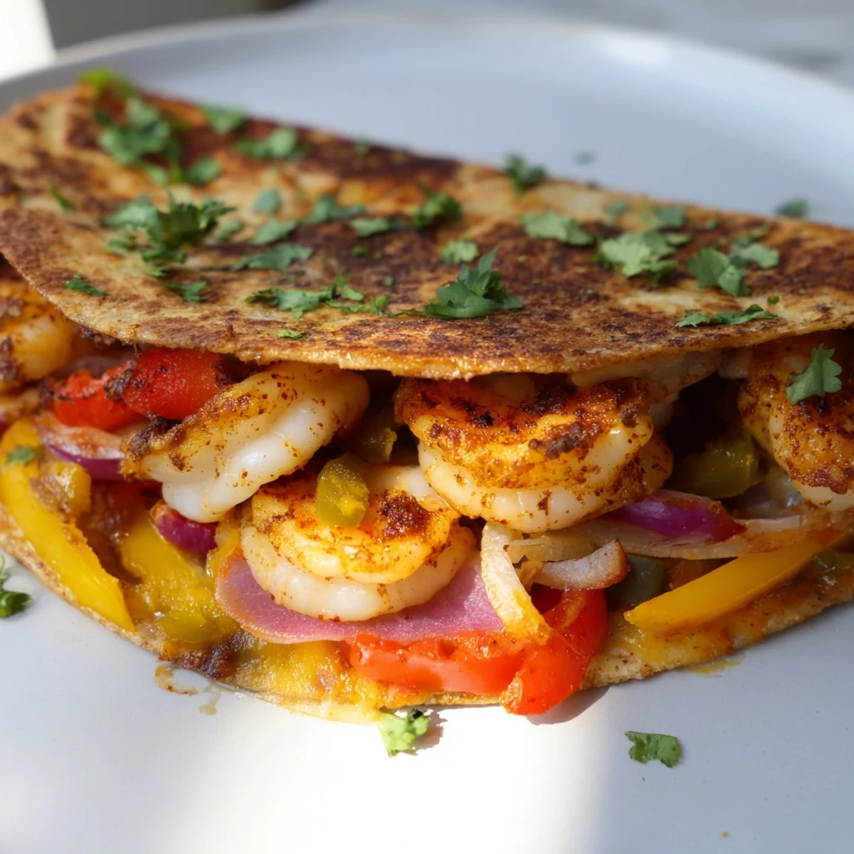 A close-up of Shrimp Fajita Sheet Pan Quesadillas cut into wedges, revealing juicy shrimp and melted cheese.