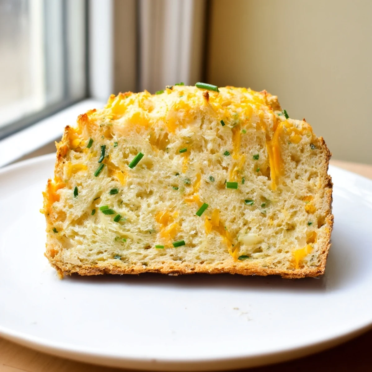 Close-up of a golden Savory Cheddar & Chive Irish Soda Bread loaf, showing a cheesy crust and visible chives on a rustic wooden board.