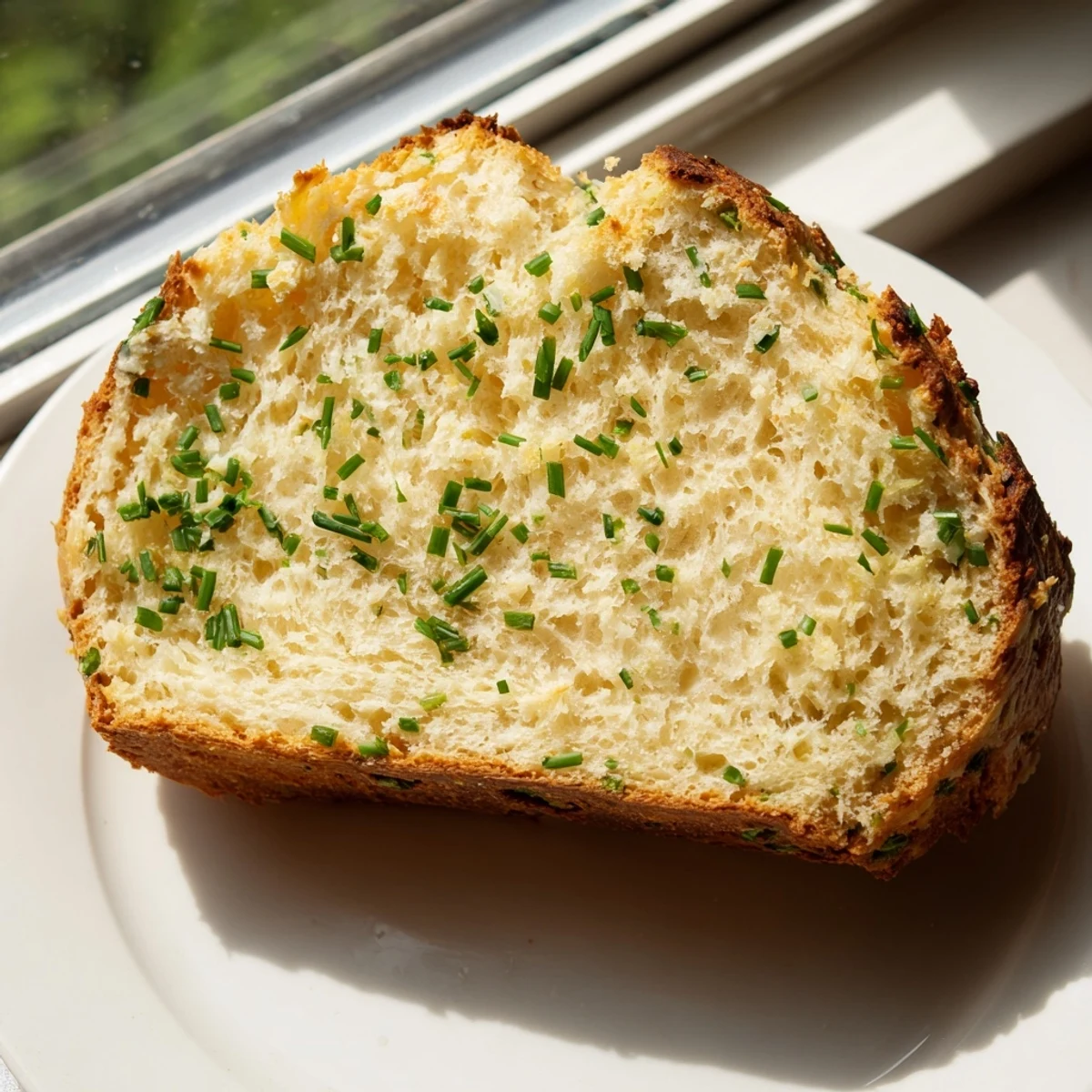 A slice of Savory Cheddar & Chive Irish Soda Bread rests beside a butter knife, revealing a tender crumb studded with green herbs.