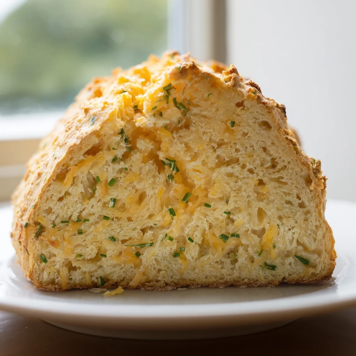 Freshly baked Savory Cheddar & Chive Irish Soda Bread cooling on a wire rack, ready to serve with warm soup or stew.