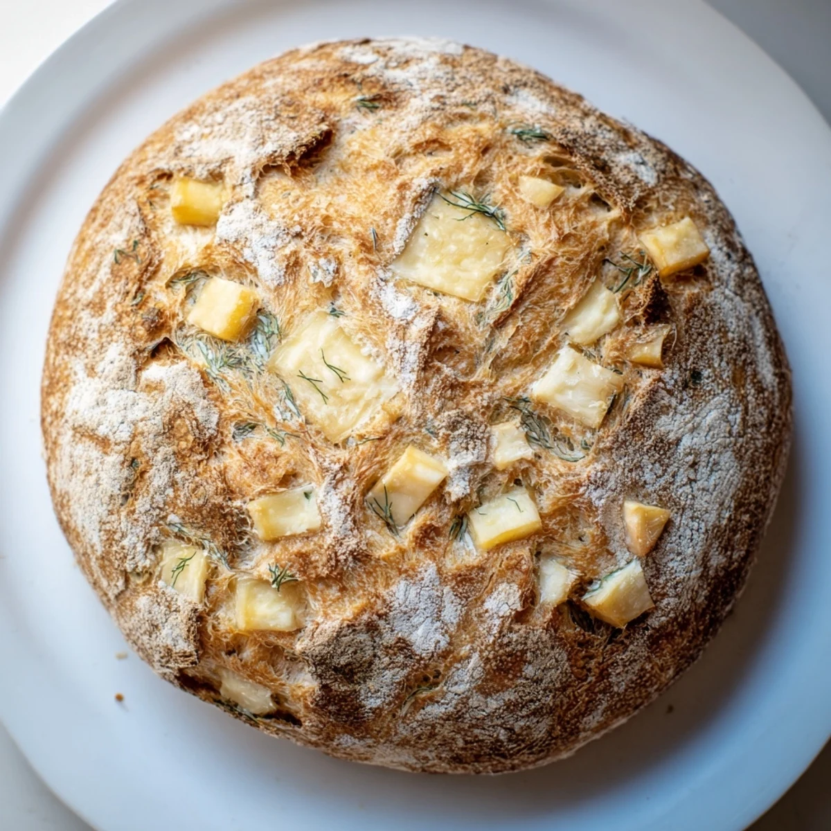 A rustic, crusty No-Knead Dill Gouda Artisan Bread with melted cheese and fresh dill herbs on a wooden board.