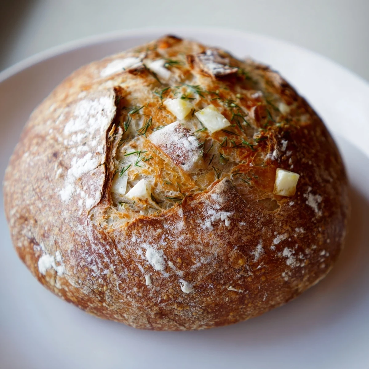 Freshly baked No-Knead Dill Gouda Artisan Bread cooling on a wire rack, golden crust with visible green dill flecks.