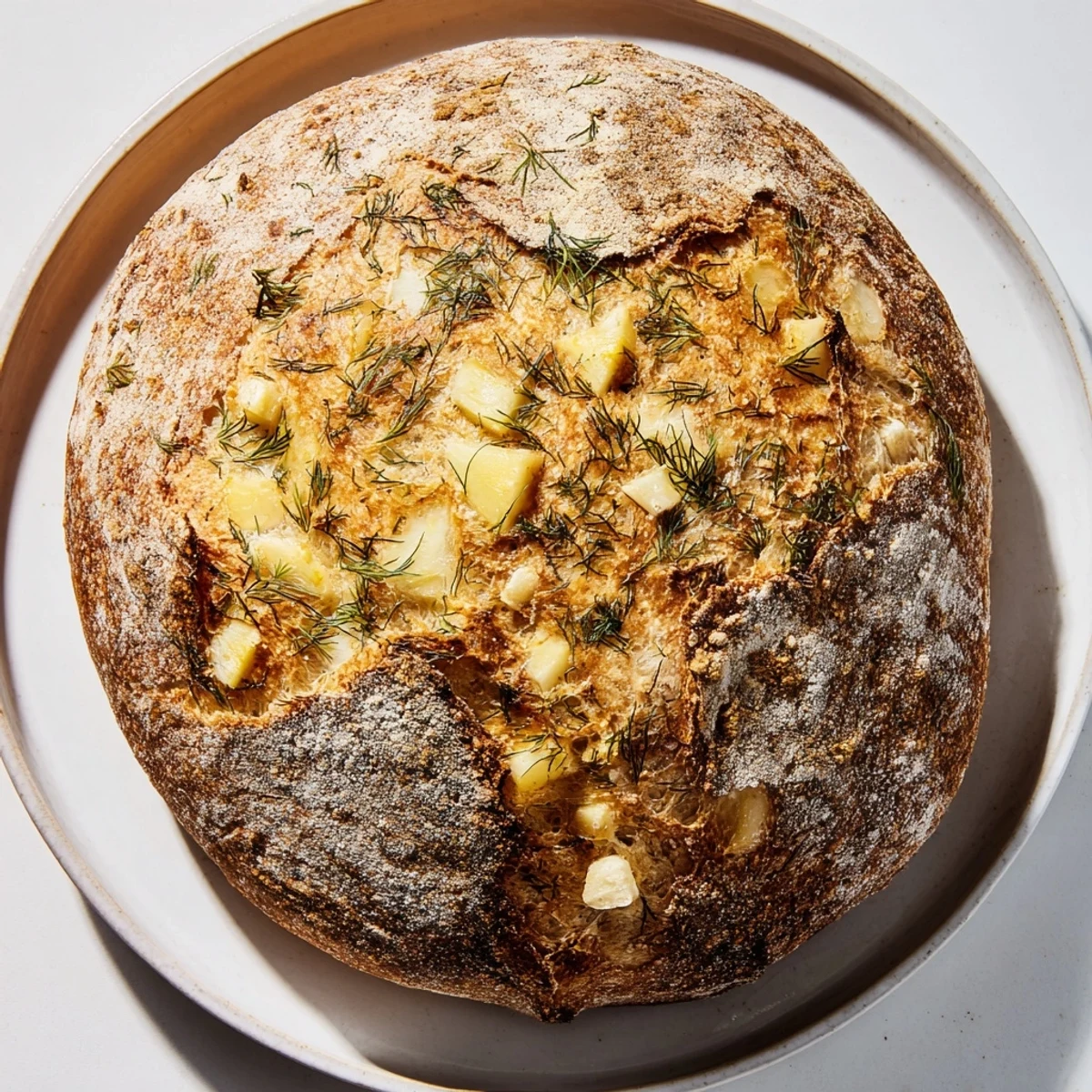 Sliced No-Knead Dill Gouda Artisan Bread arranged on a plate next to a butter dish, perfect for soup pairing.