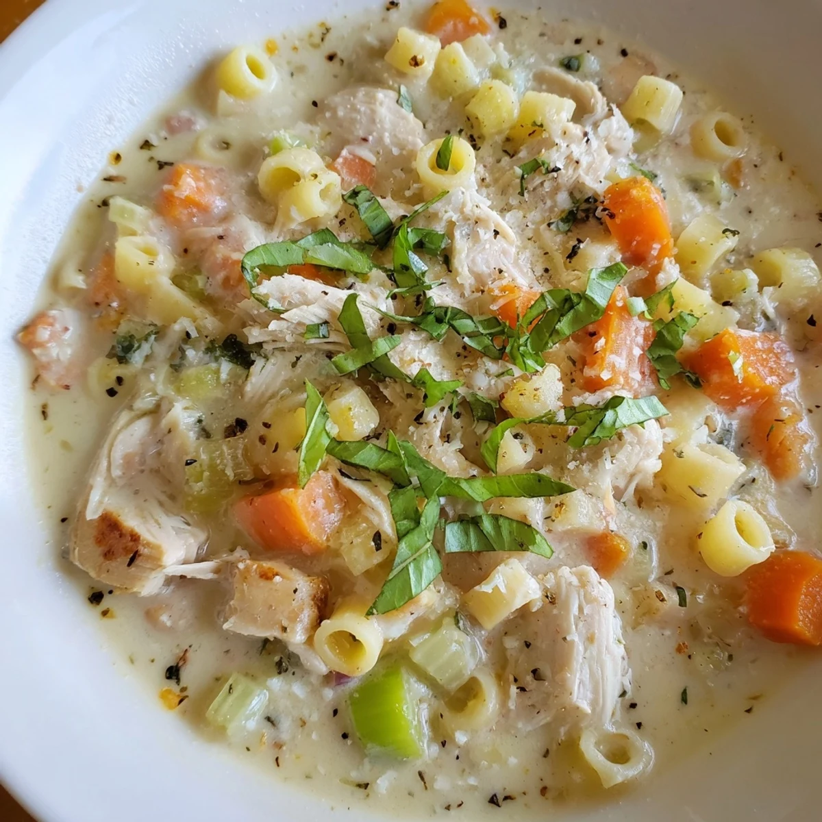 A comforting bowl of Crock Pot Creamy Chicken Parmesan Soup with tender shredded chicken and rich Parmesan swirl.