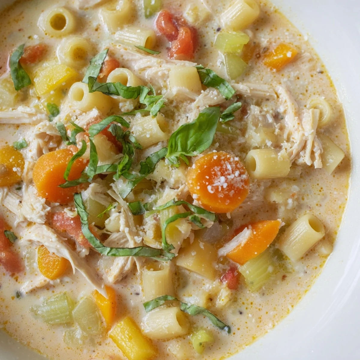 Steaming Crock Pot Creamy Chicken Parmesan Soup served with crusty bread and fresh basil garnish on a wooden table.