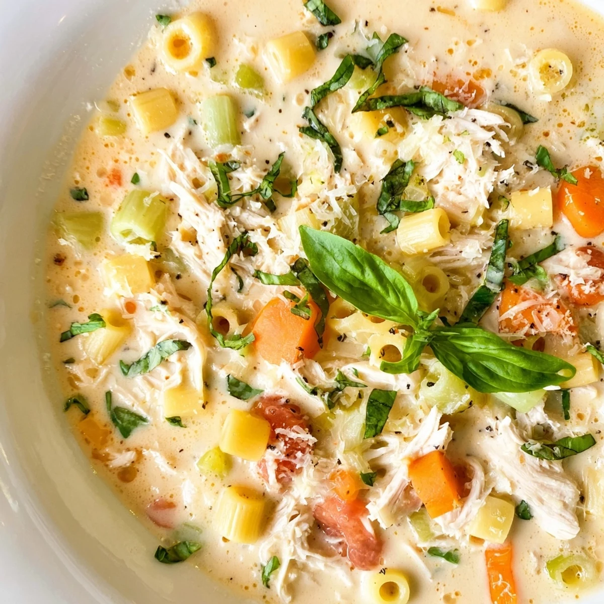Close-up of Crock Pot Creamy Chicken Parmesan Soup featuring velvety texture, carrots, celery, and melted cheese topping.