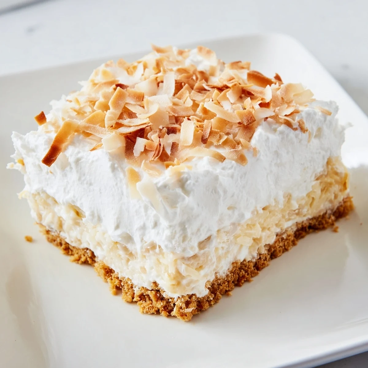 Freshly baked Coconut Cream Dream Bars with a golden graham cracker crust and a fluffy whipped topping, ready to serve on a cooling rack.