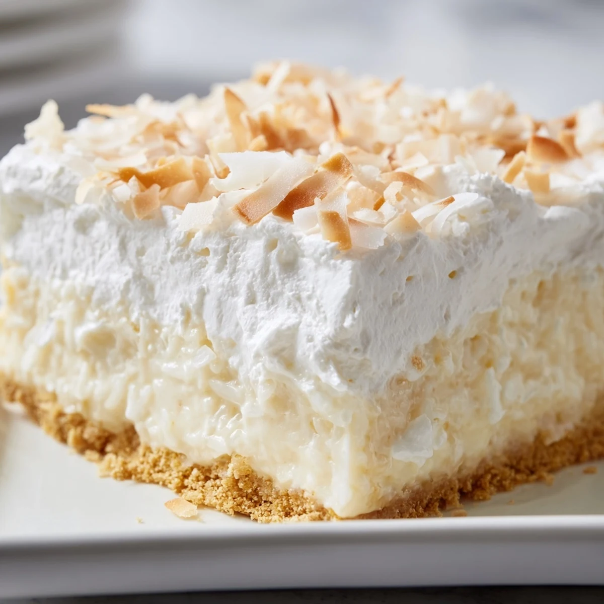 Golden Coconut Cream Dream Bars sliced neatly, revealing a creamy coconut filling and toasted coconut flakes garnish on a wooden board.