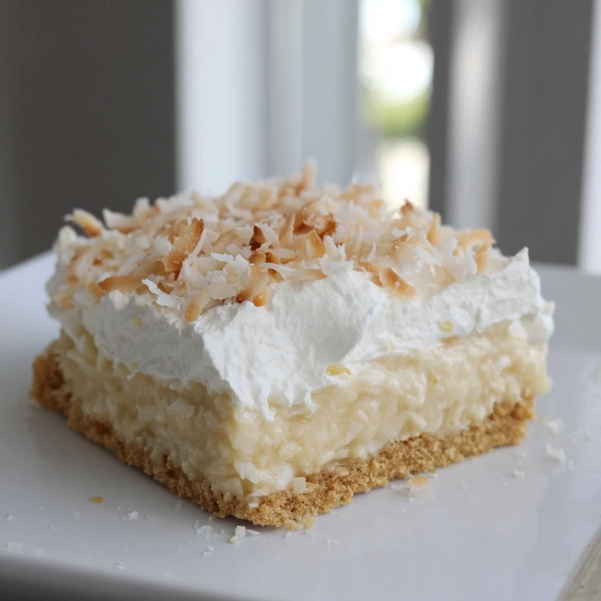 A close-up of Coconut Cream Dream Bars showing the smooth coconut layer and light whipped cream top, perfect for summer gatherings.
