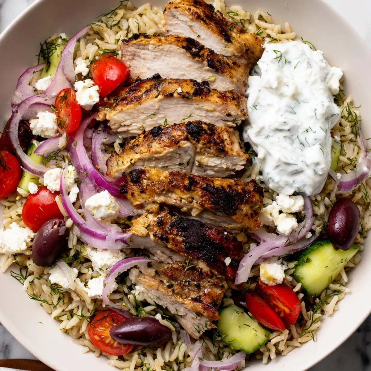 A vibrant Greek Chicken Bowls meal with grilled chicken, cucumber, tomatoes, olives, and feta cheese ready to eat.