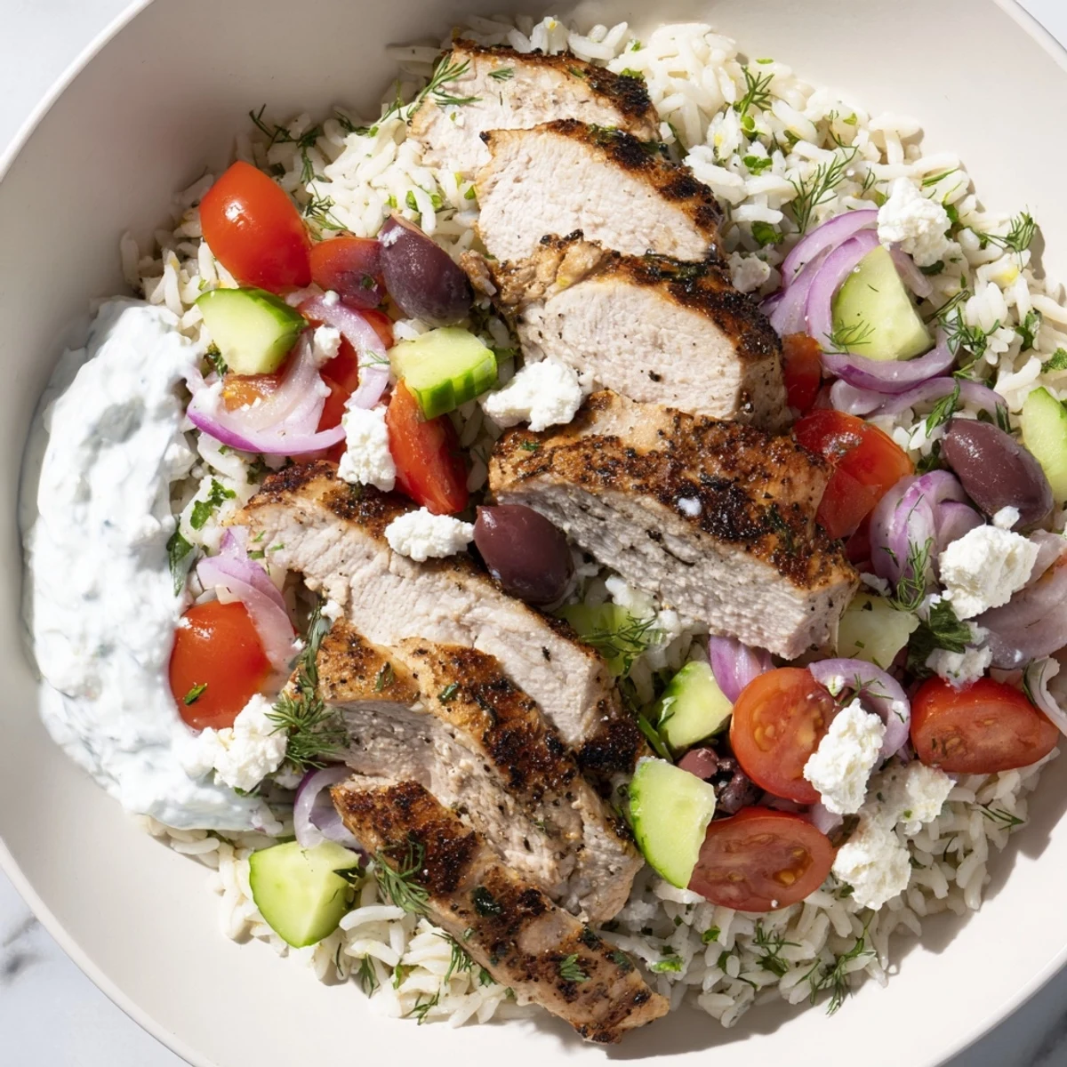 Sliced marinated Greek Chicken Bowls with herbed rice, fresh veggies, and creamy tzatziki sauce on a plate.