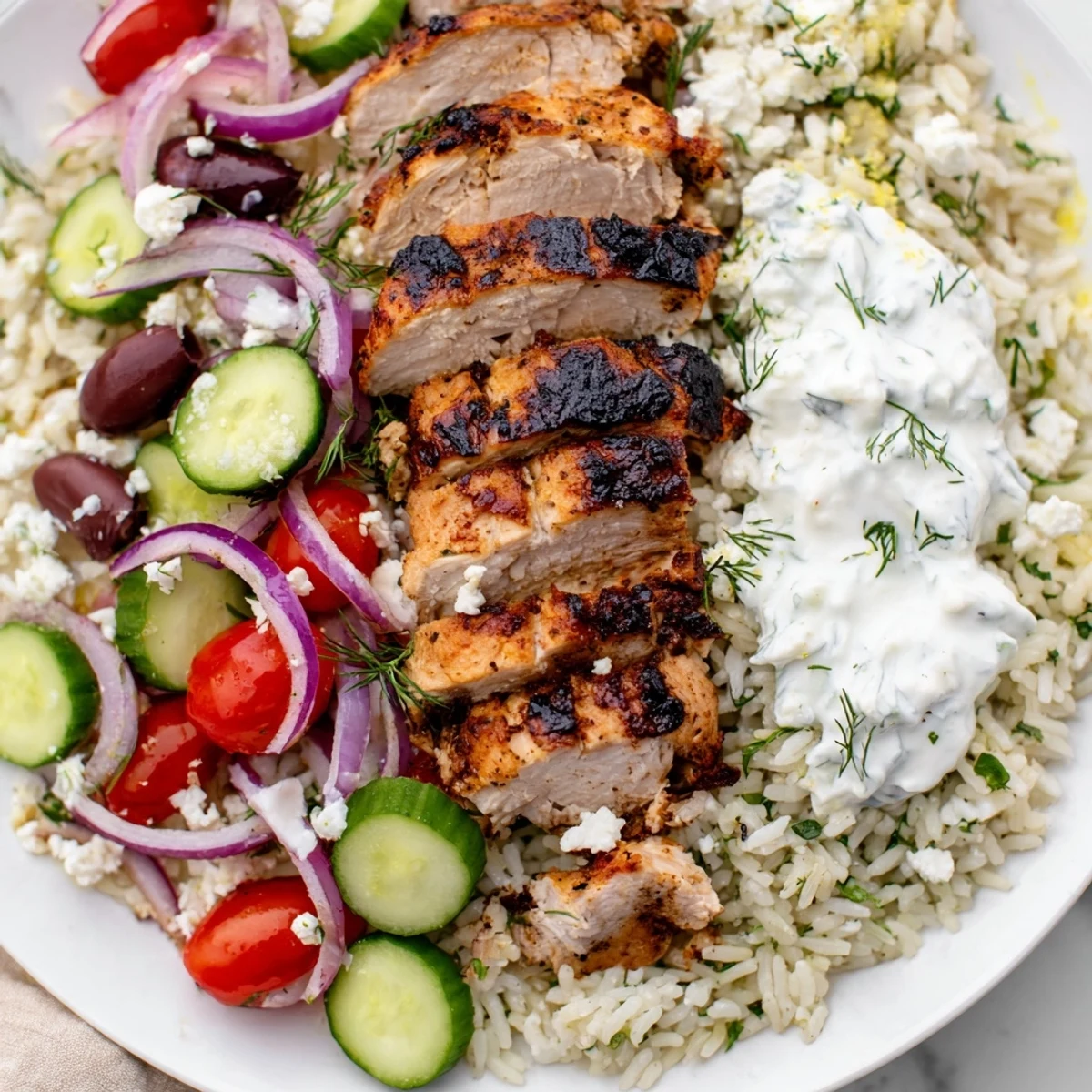 Colorful Greek Chicken Bowls topped with tangy tzatziki, served alongside fluffy herbed rice and warm pita bread.
