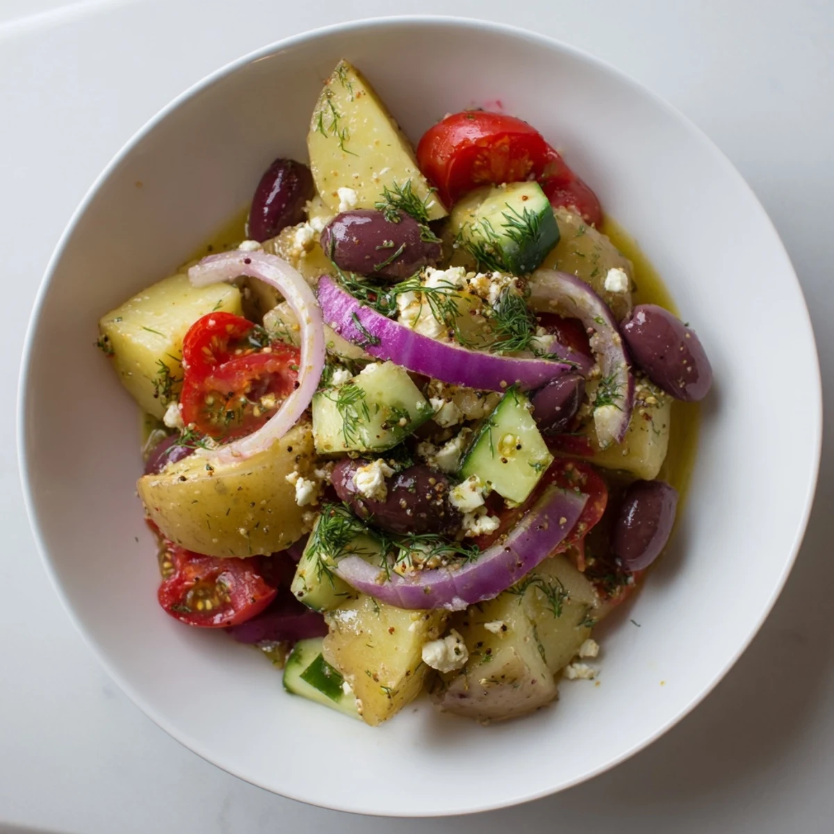 Colorful bowl of Refreshing Olive Greek Potato Salad with tender potatoes, Kalamata olives, tomatoes, cucumber, and crumbled feta.