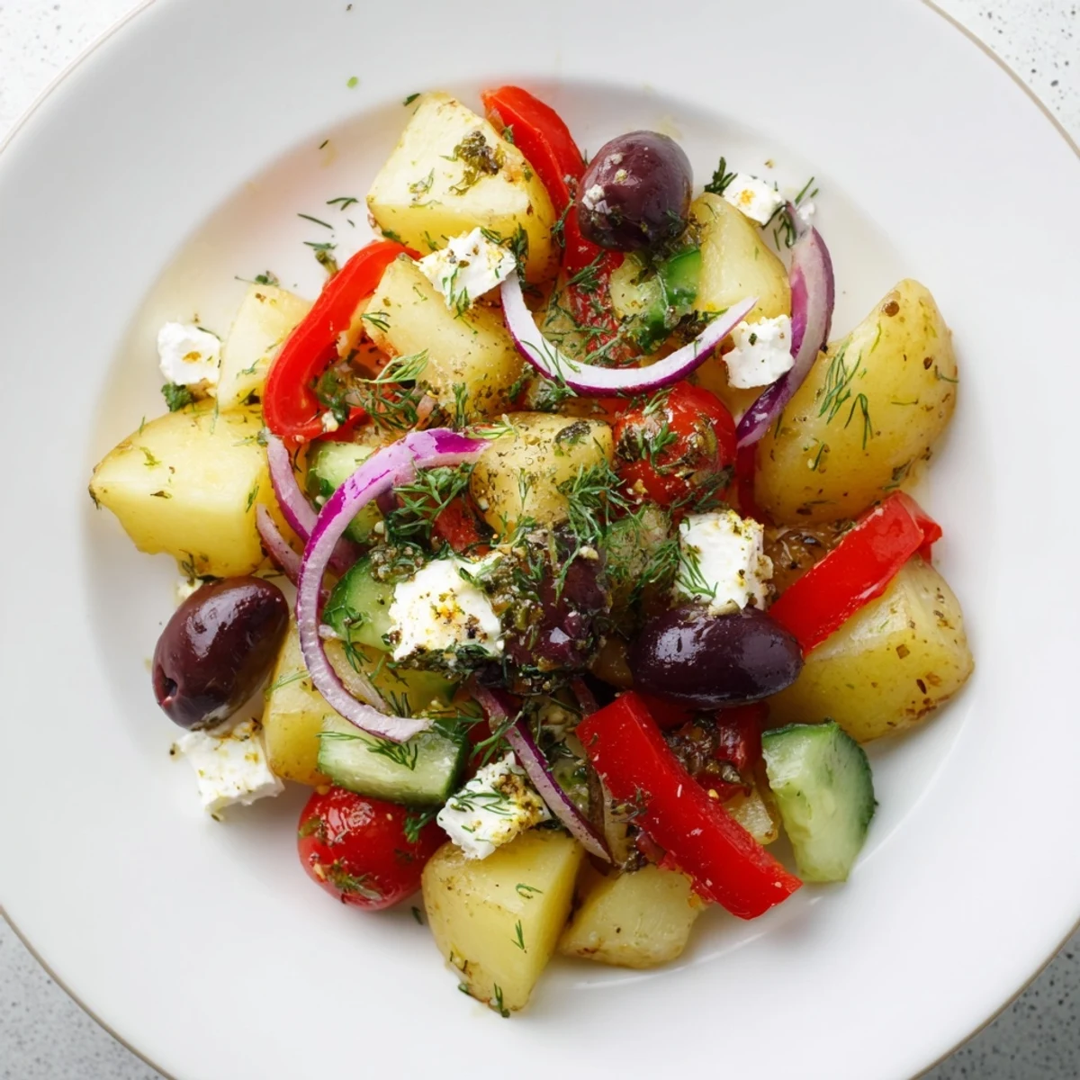 Refreshing Olive Greek Potato Salad served chilled, featuring briny olives, crisp veggies, and fresh dill in a zesty dressing.