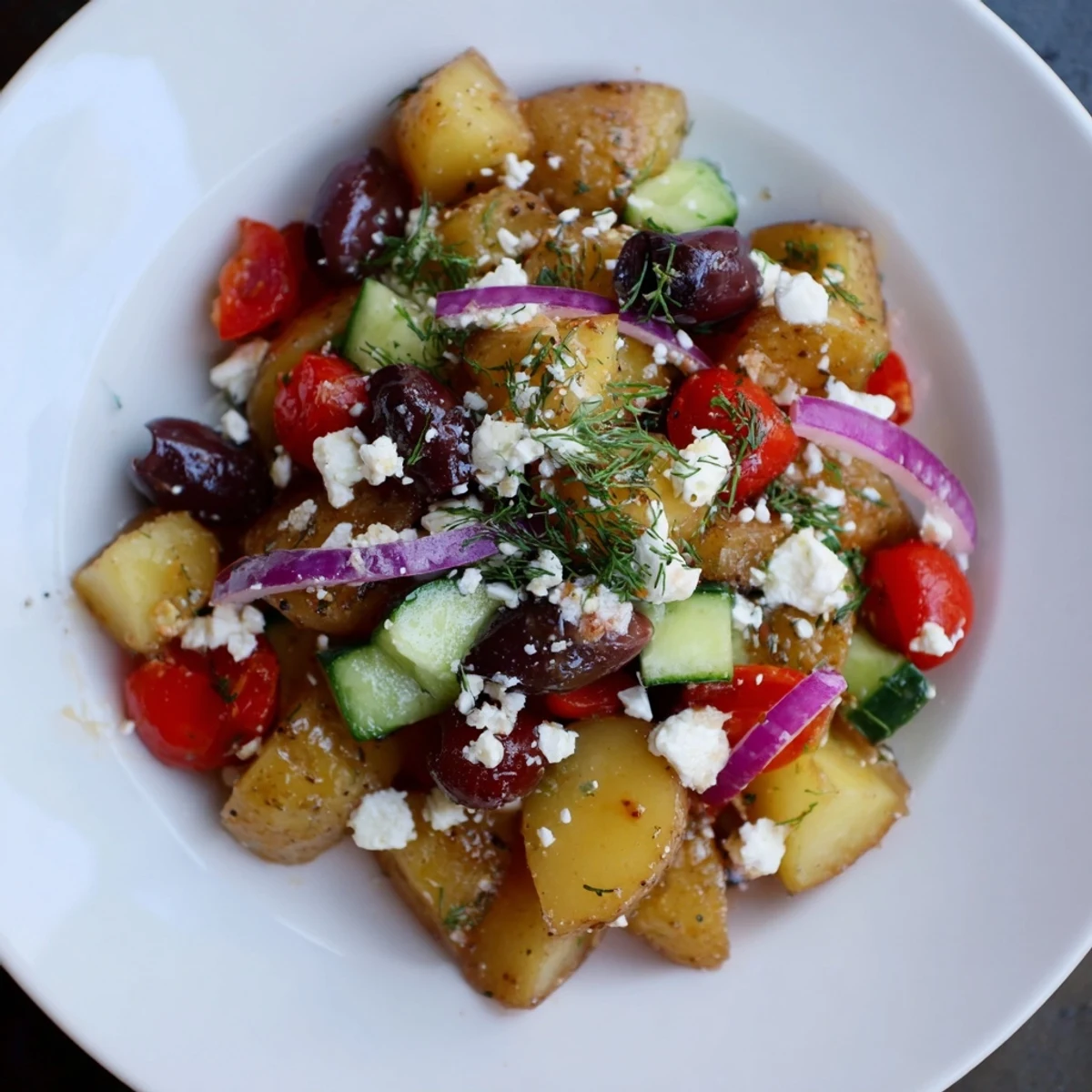 Close-up of Refreshing Olive Greek Potato Salad with bright vegetables and feta, perfect for summer Mediterranean side dish gatherings.
