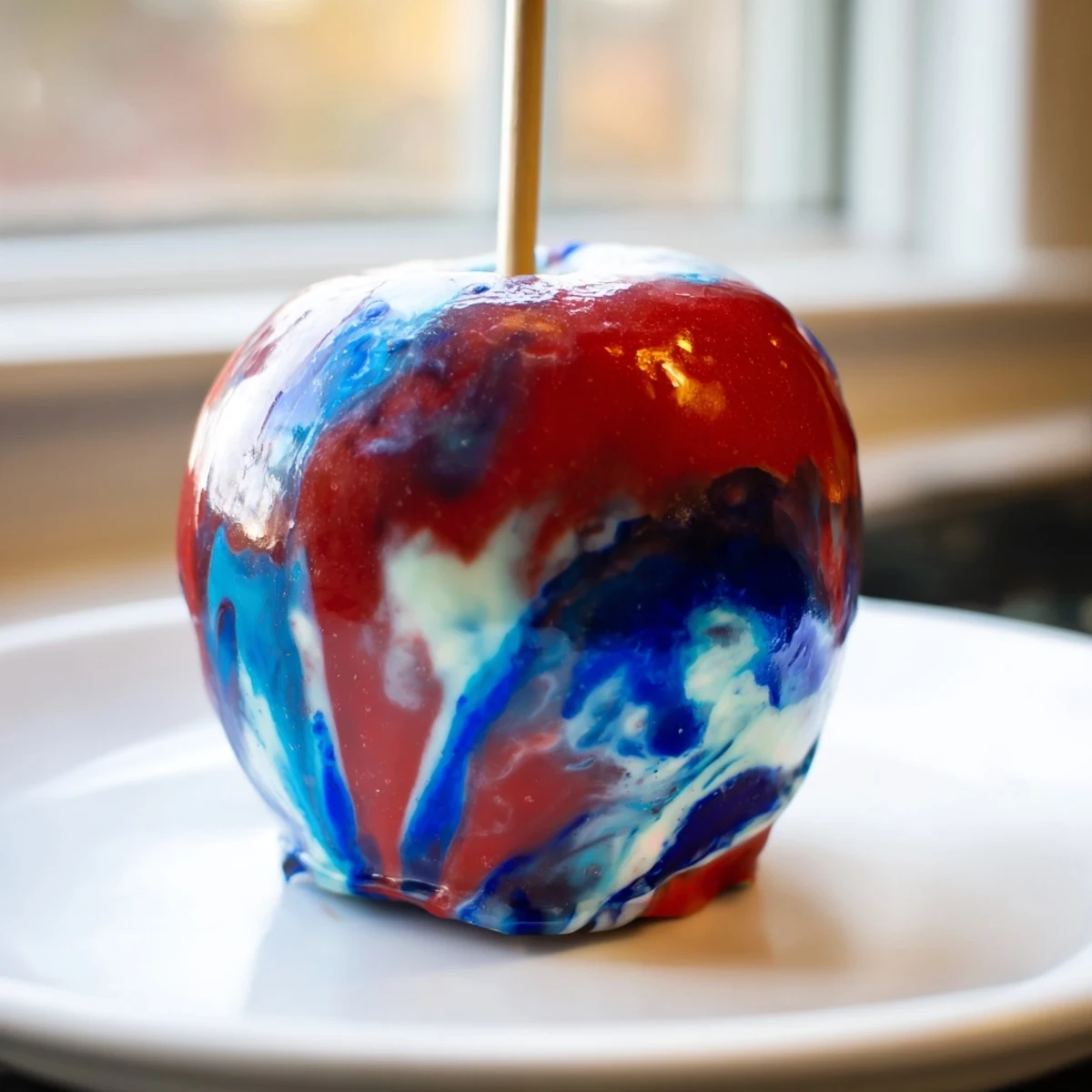 Stunning Marbled Effect Candy Apples with a glossy, vibrant swirled shell on a crisp green apple base, ready for parties.