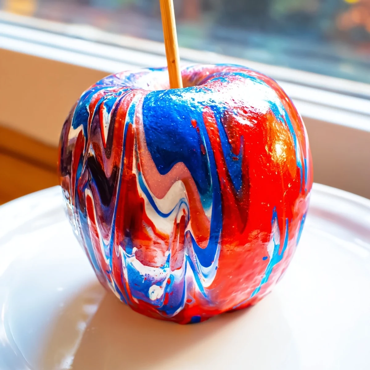 A close-up of Marbled Effect Candy Apples showing a hard, shiny shell, perfect for a festive holiday dessert table display.