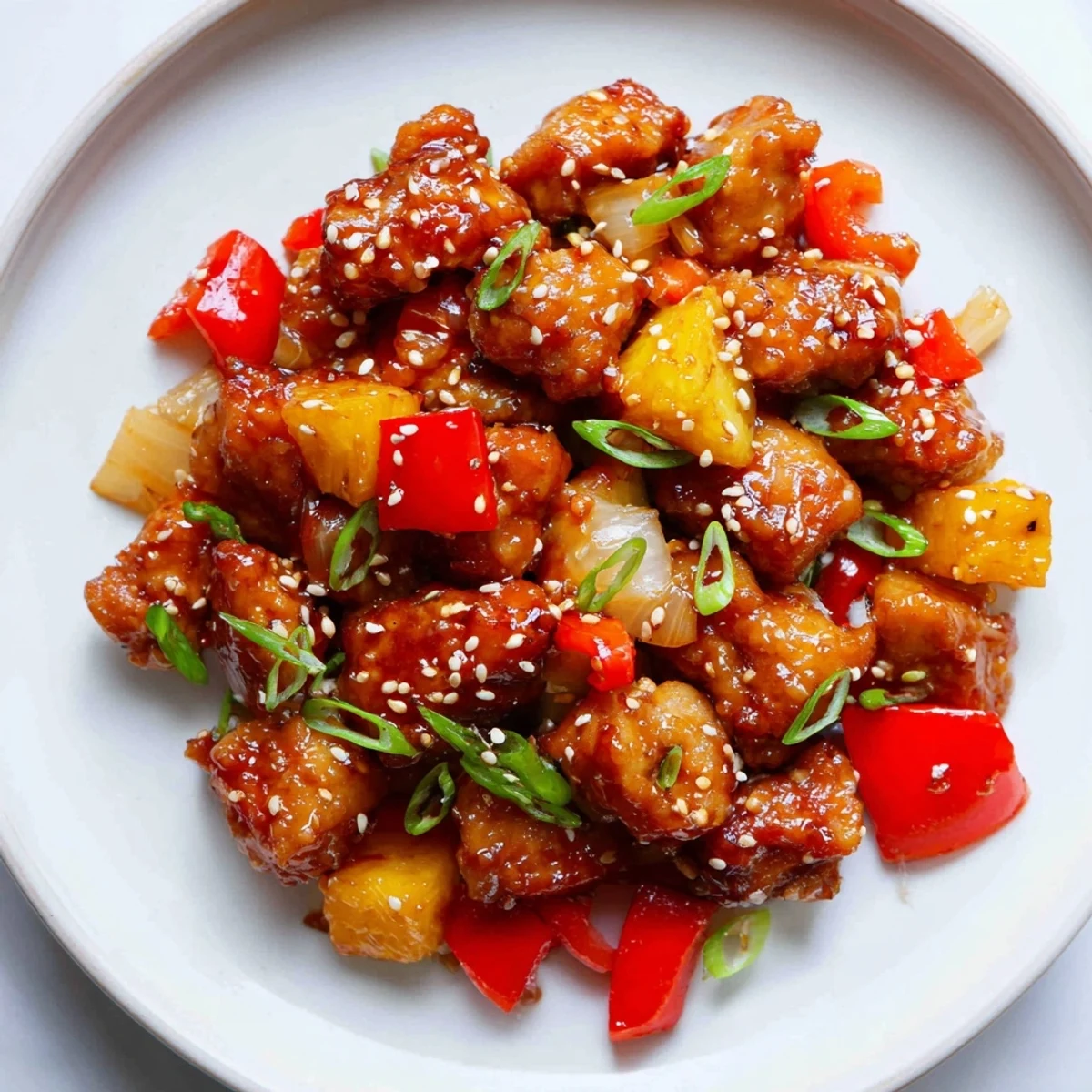 Golden glazed Honey Garlic Pineapple Chicken sizzling in a skillet with diced red bell pepper and onion.