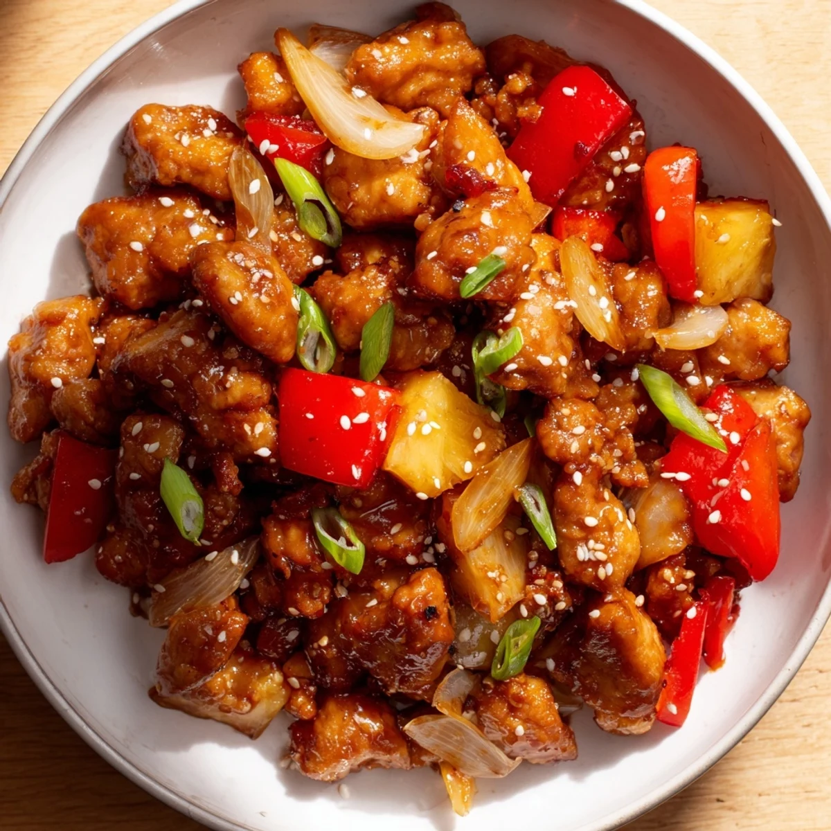 Tender Honey Garlic Pineapple Chicken pieces mixed with juicy pineapple chunks in a sweet and savory sauce.