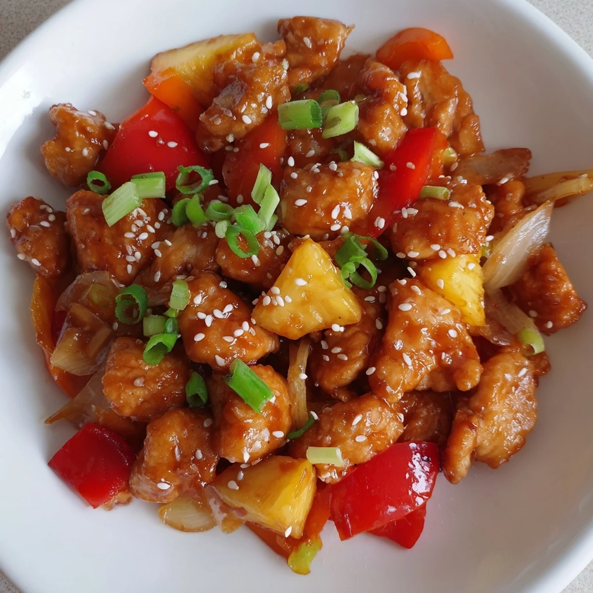 A close-up of Honey Garlic Pineapple Chicken served over fluffy white rice with a sesame seed garnish.