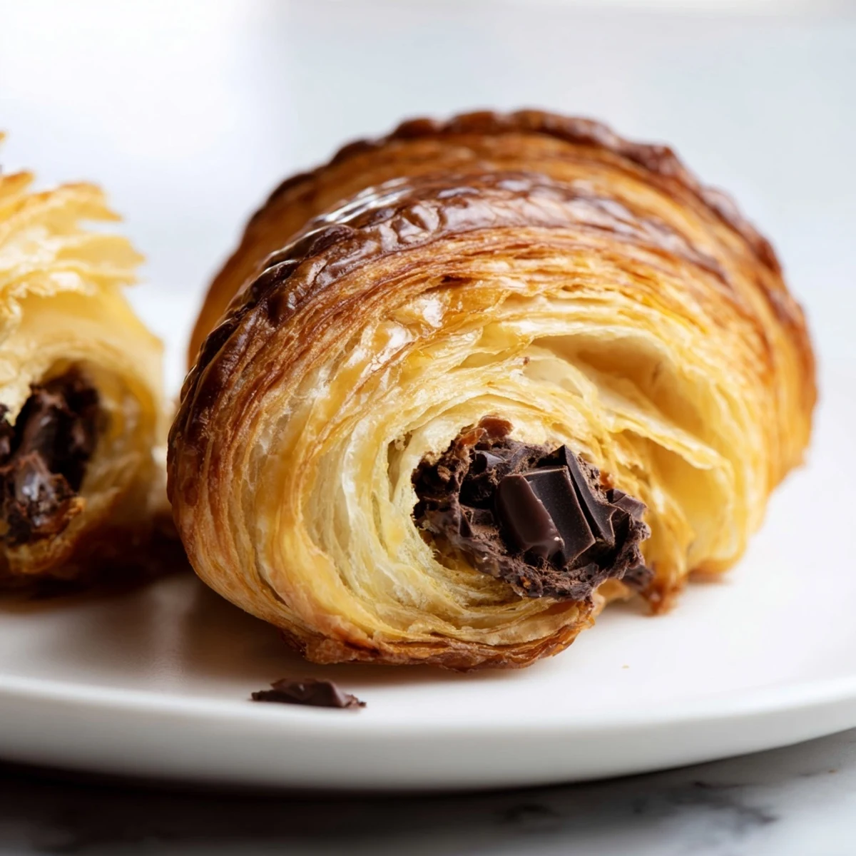 Close-up of freshly baked Homemade Chocolate Croissants showing crisp, buttery layers and rich chocolate filling, perfect with a morning coffee.