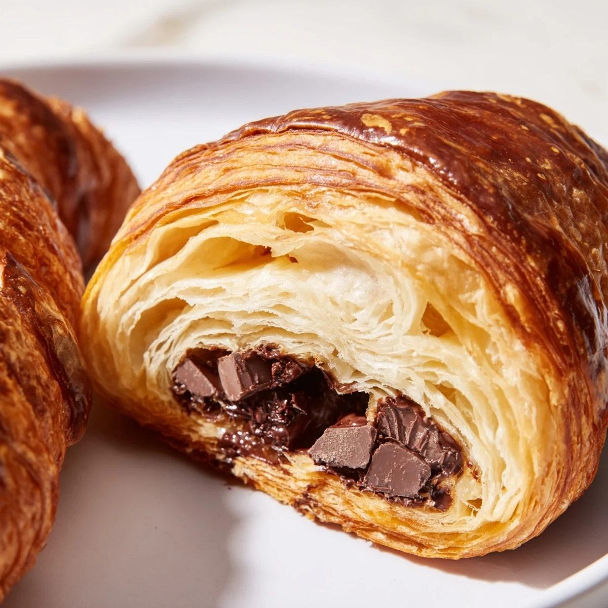 Golden-brown Homemade Chocolate Croissants with flaky layers and melted dark chocolate peeking from the ends, served on a rustic wooden board.