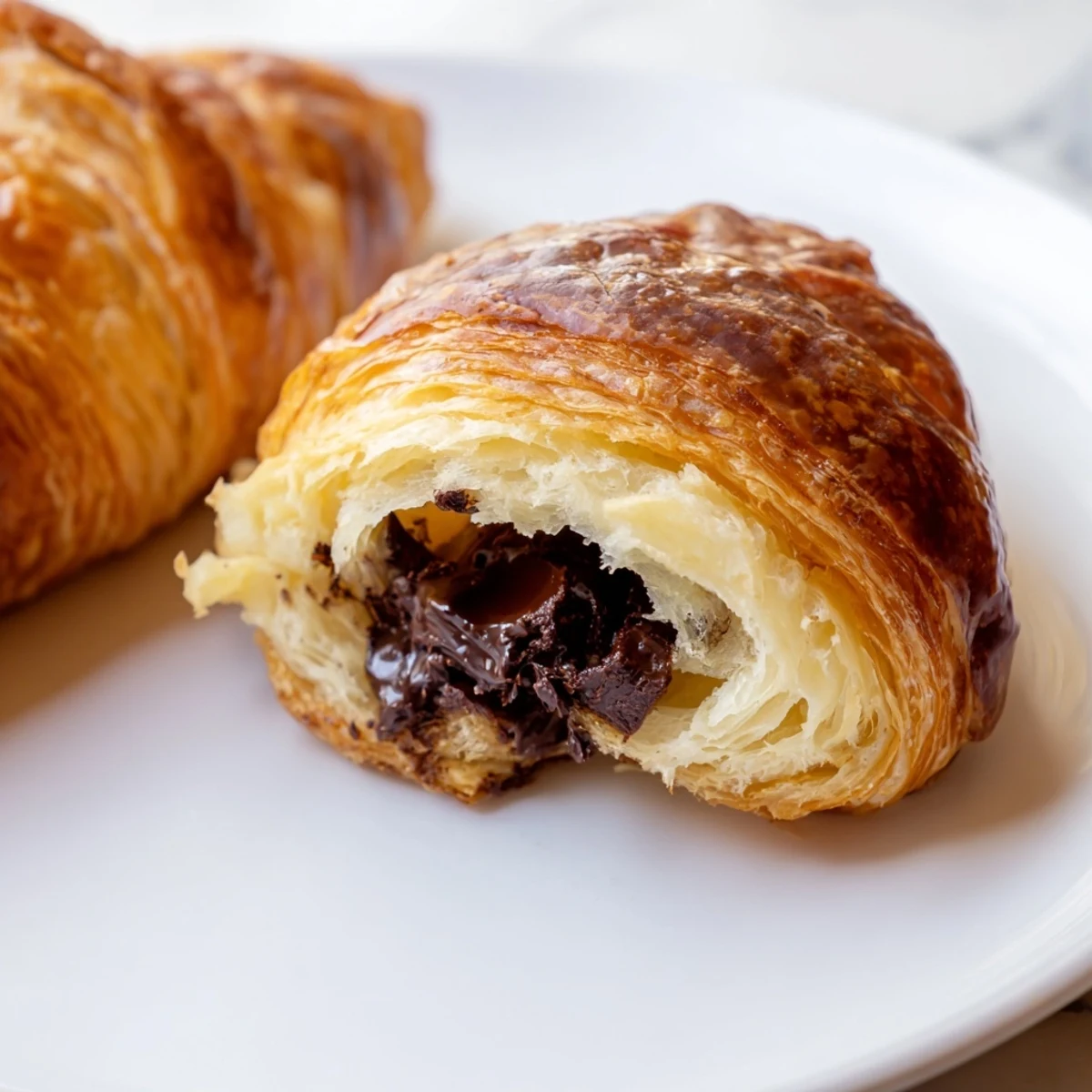 Warm Homemade Chocolate Croissants dusted with powdered sugar, arranged on a parchment-lined baking sheet ready to be served for breakfast.