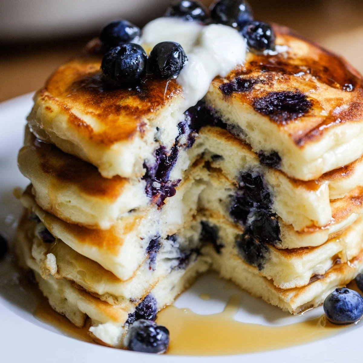 A close-up view of Fluffy Greek Yogurt Blueberry Pancakes, showing the tender crumb and juicy blueberries on a cozy breakfast plate.  