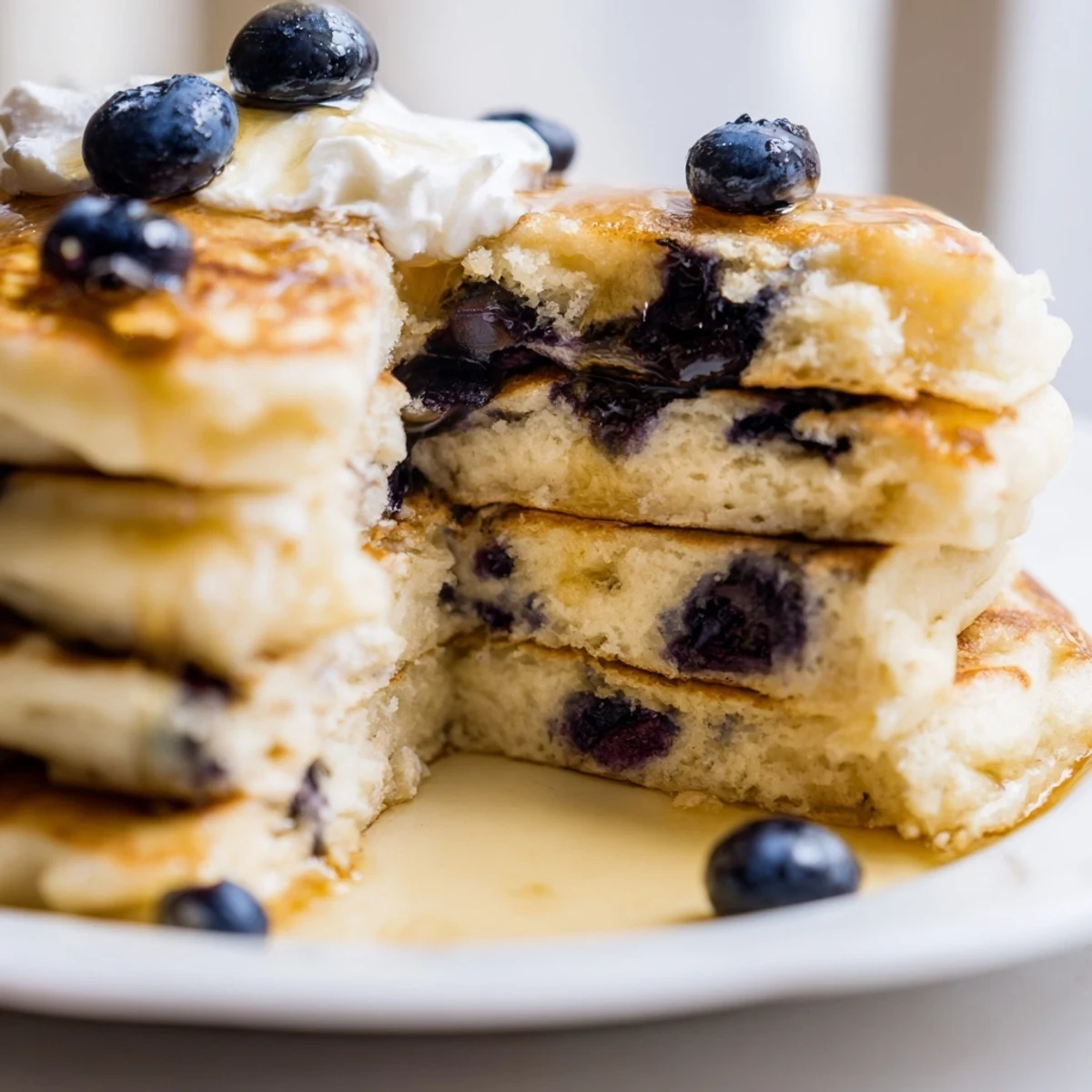Perfectly cooked Fluffy Greek Yogurt Blueberry Pancakes with a dollop of Greek yogurt and fresh berries, ready for a delicious brunch.