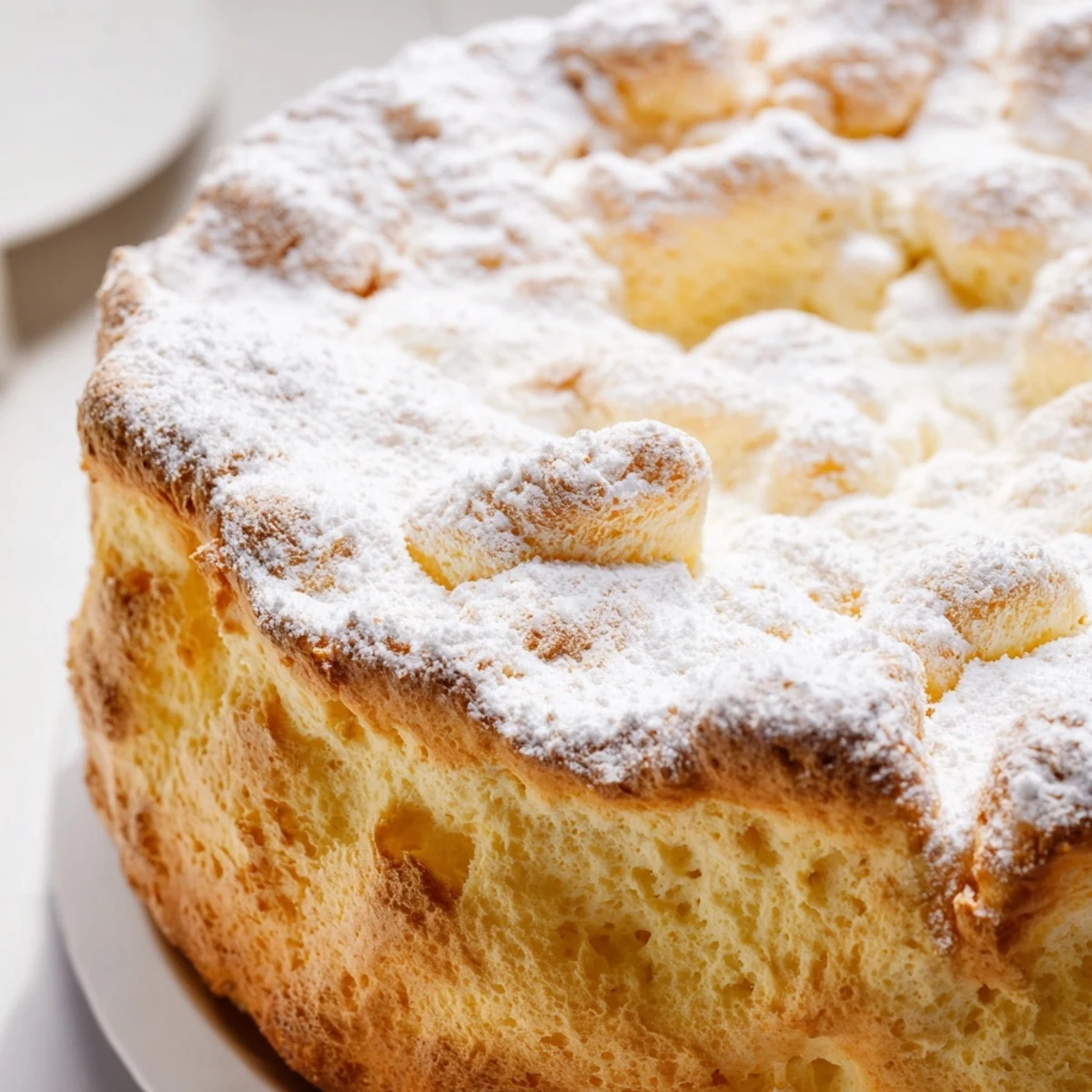 A slice of Fluffy Yogurt Cloud Cake sits on a white plate, dusted with powdered sugar and topped with fresh raspberries.