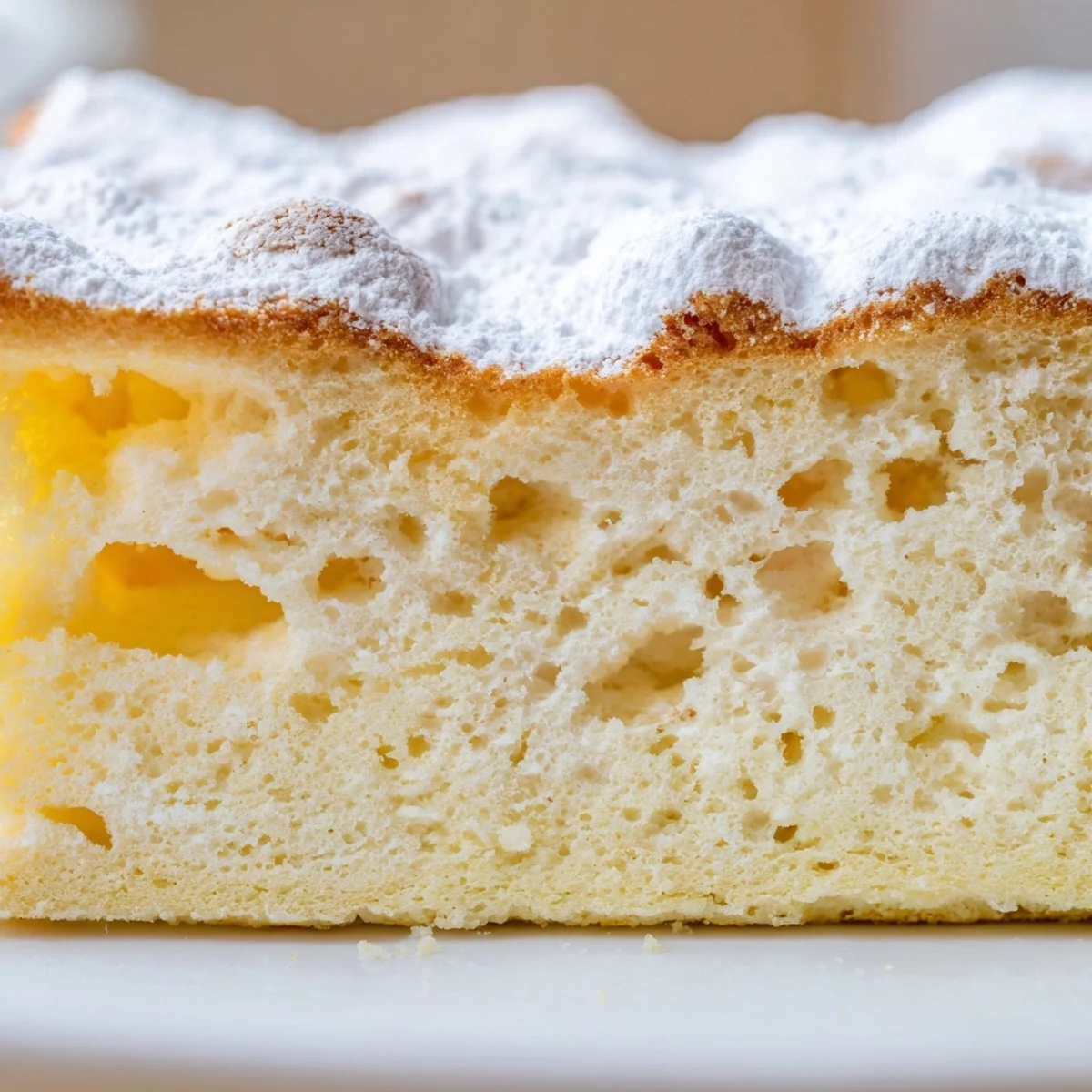 The golden-brown top of Fluffy Yogurt Cloud Cake reveals a soft, airy crumb when sliced with a cake server.
