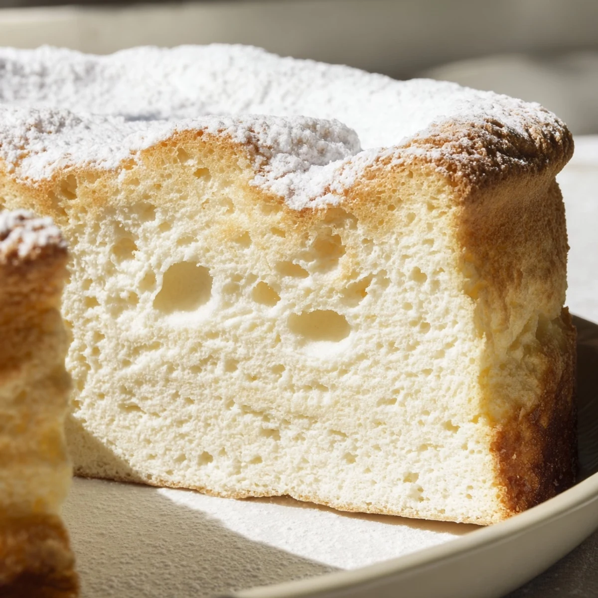 Ready to serve, Fluffy Yogurt Cloud Cake is presented on a wooden board with a bowl of whipped cream on the side.