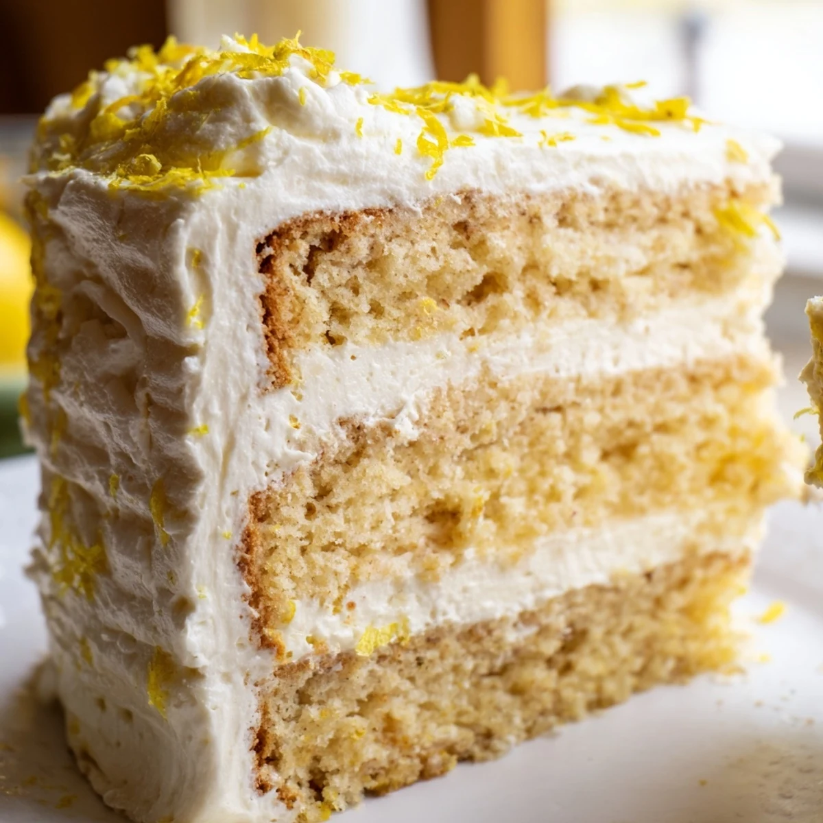 Close-up of Limoncello Mascarpone Cake garnished with lemon slices and edible flowers, plated for a cozy dessert spread.