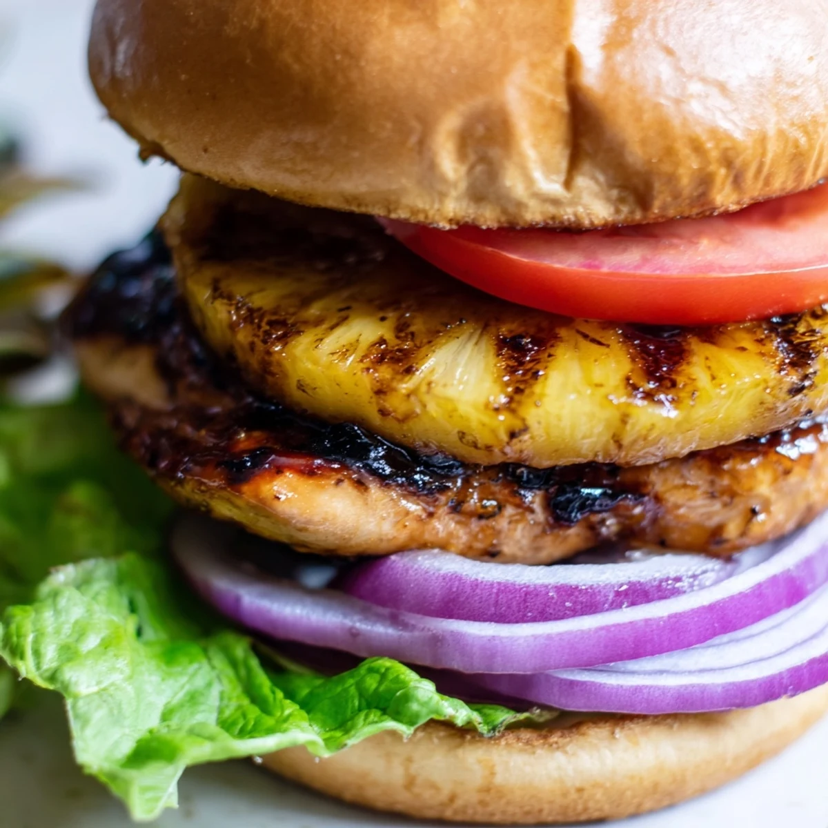 Grilled chicken burger with caramelized pineapple ring and tangy teriyaki sauce on a soft bun.