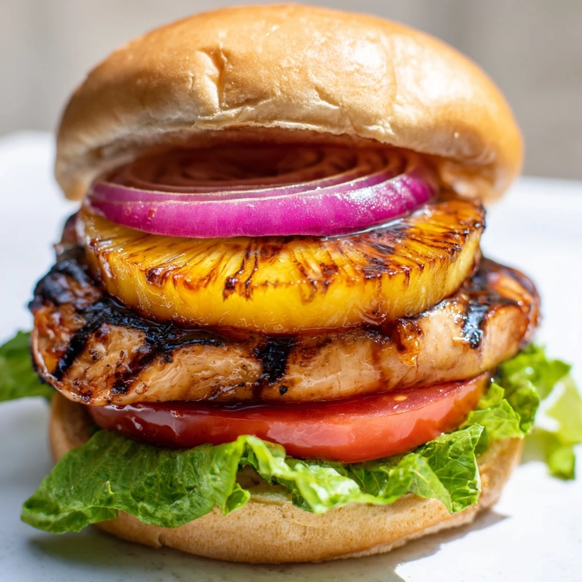 A close-up of a Hawaiian Pineapple Chicken Burger with fresh lettuce, tomato, and red onion slices.