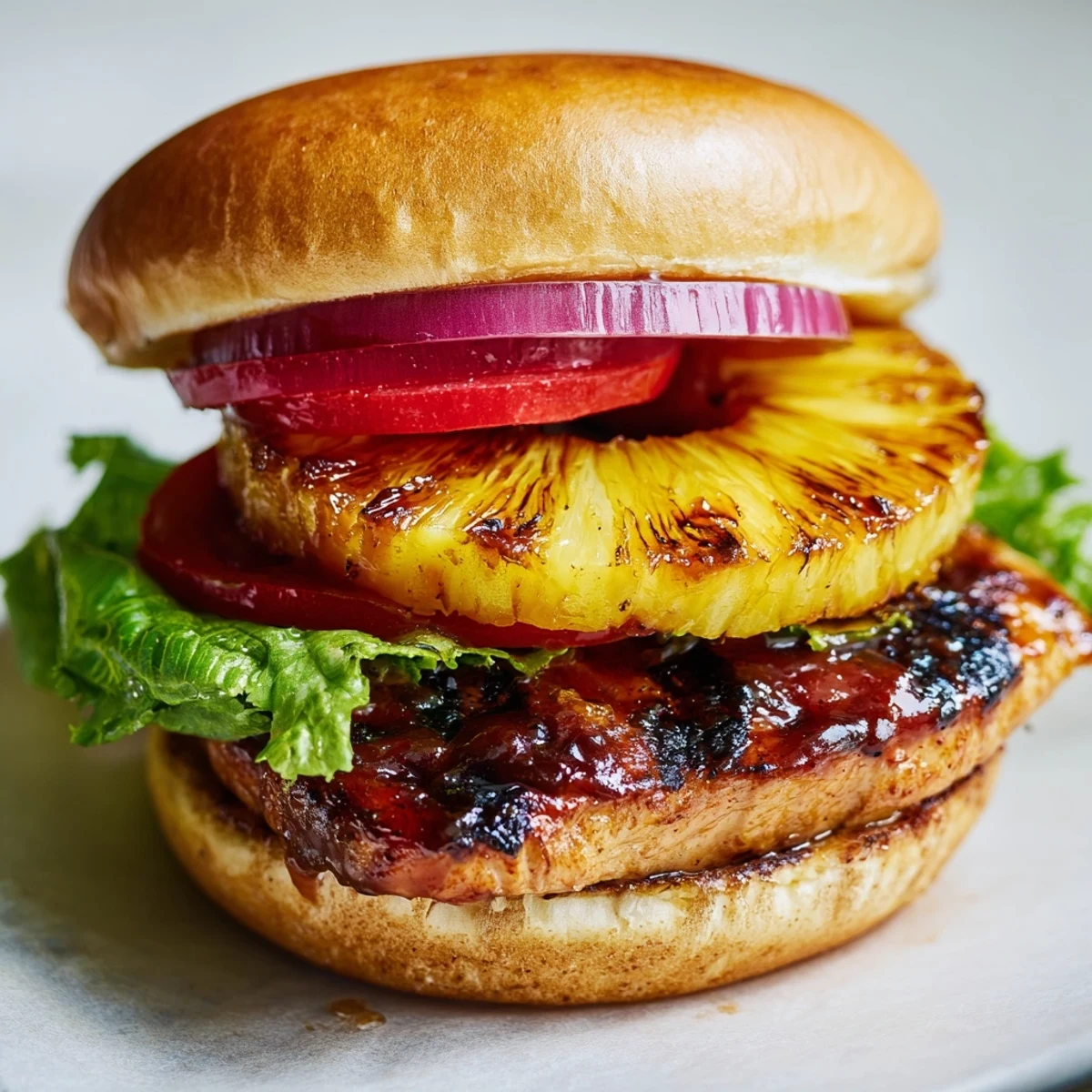 Juicy Hawaiian Pineapple Chicken Burger served on a plate with sweet potato fries and a garnish.