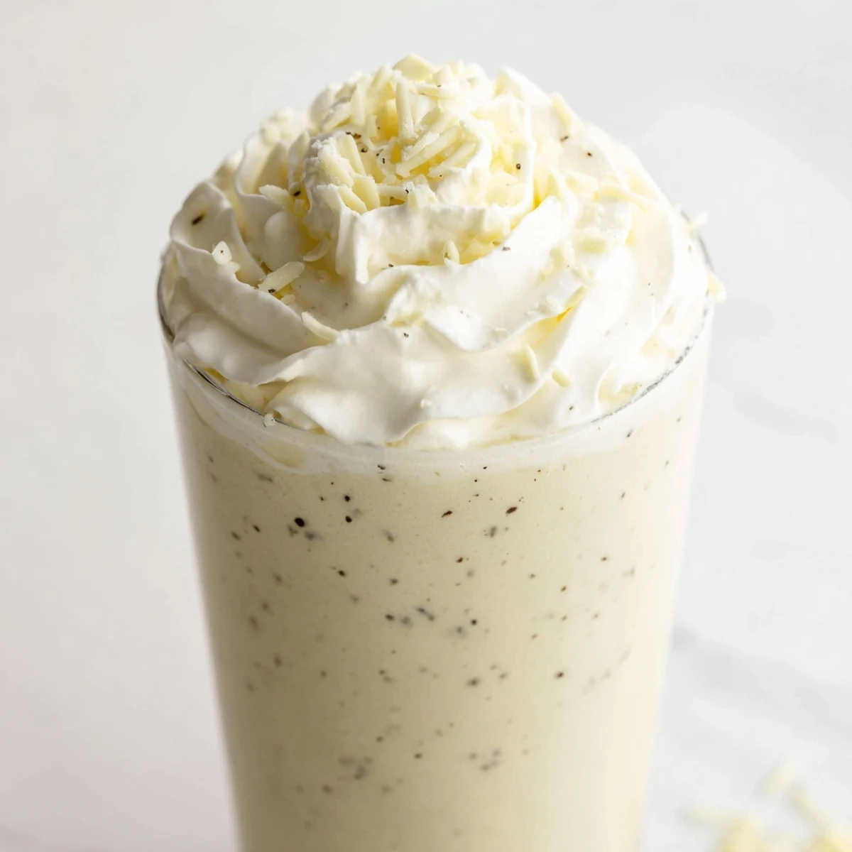 Two tall glasses of creamy Vanilla Bean Frappuccino topped with whipped cream and white chocolate shavings.