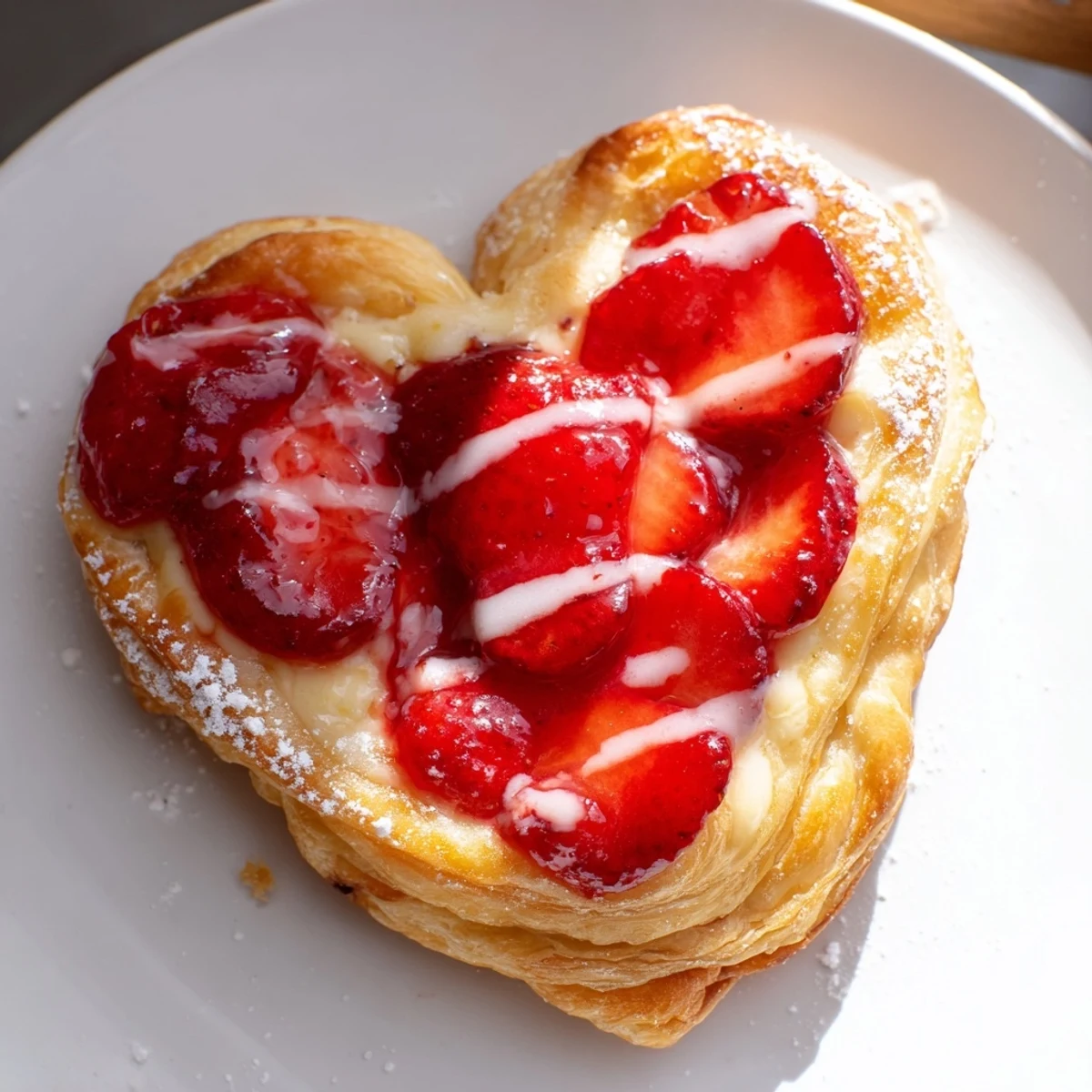 Strawberry Cream Cheese Heart Danishes feature golden puff pastry layers around a rich, tangy cream cheese and berry center.