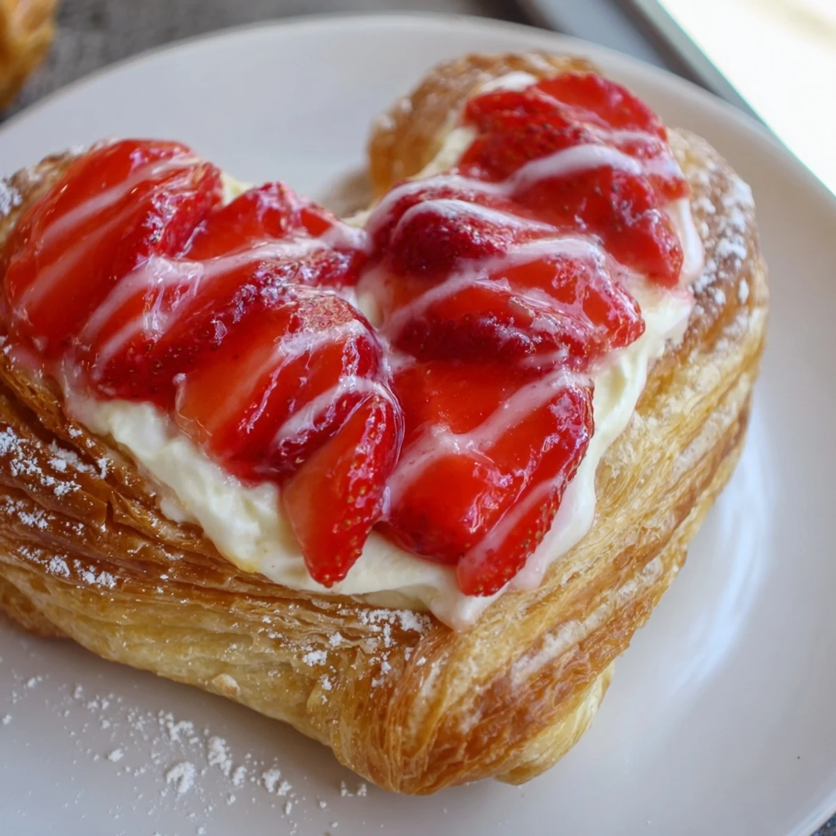 Flaky heart-shaped pastries dusted with sweet glaze and filled with creamy strawberry goodness, ideal for Valentine's Day breakfast.