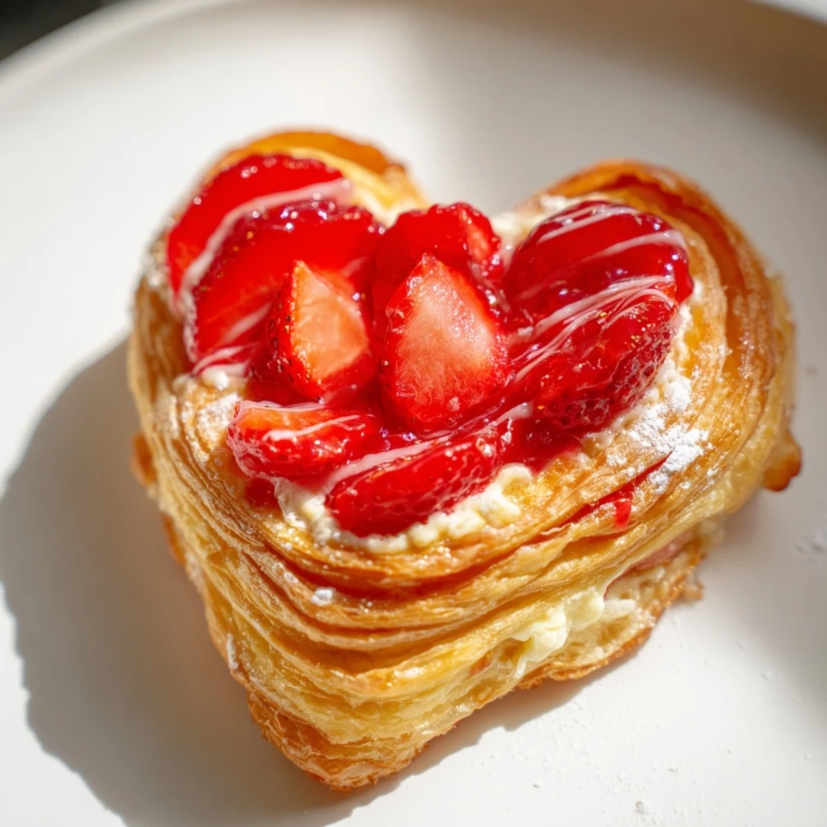 Fresh strawberry slices and apricot glaze top these warm, homemade heart danishes, perfect for sharing with someone special.