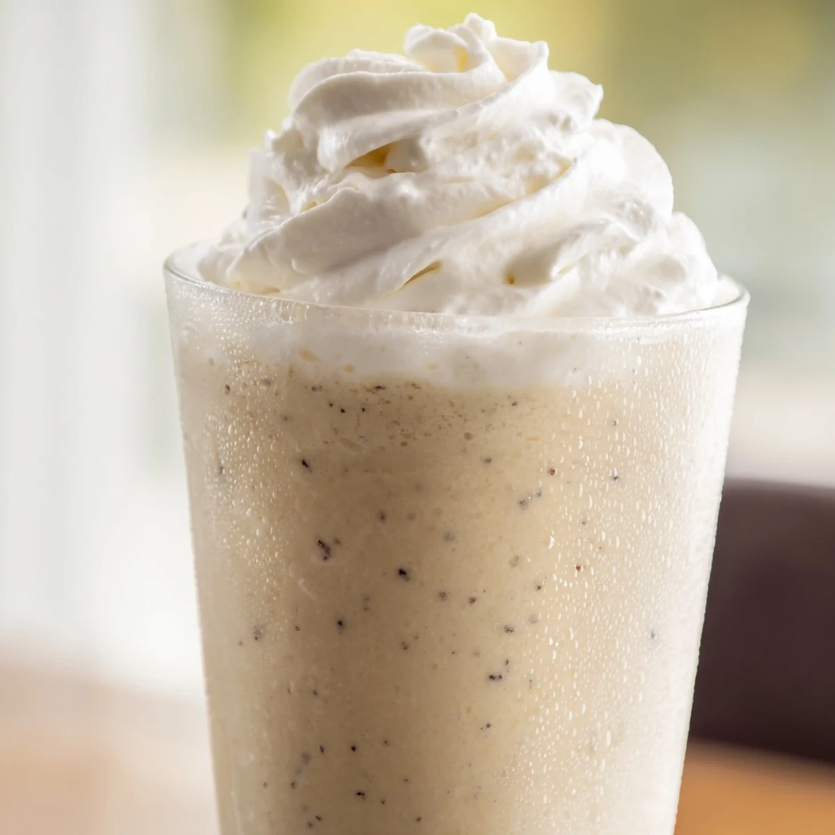 Iced Starbucks Vanilla Bean Frappuccino blended with ice, vanilla bean ice cream, and sweet milk in a frosty glass.  