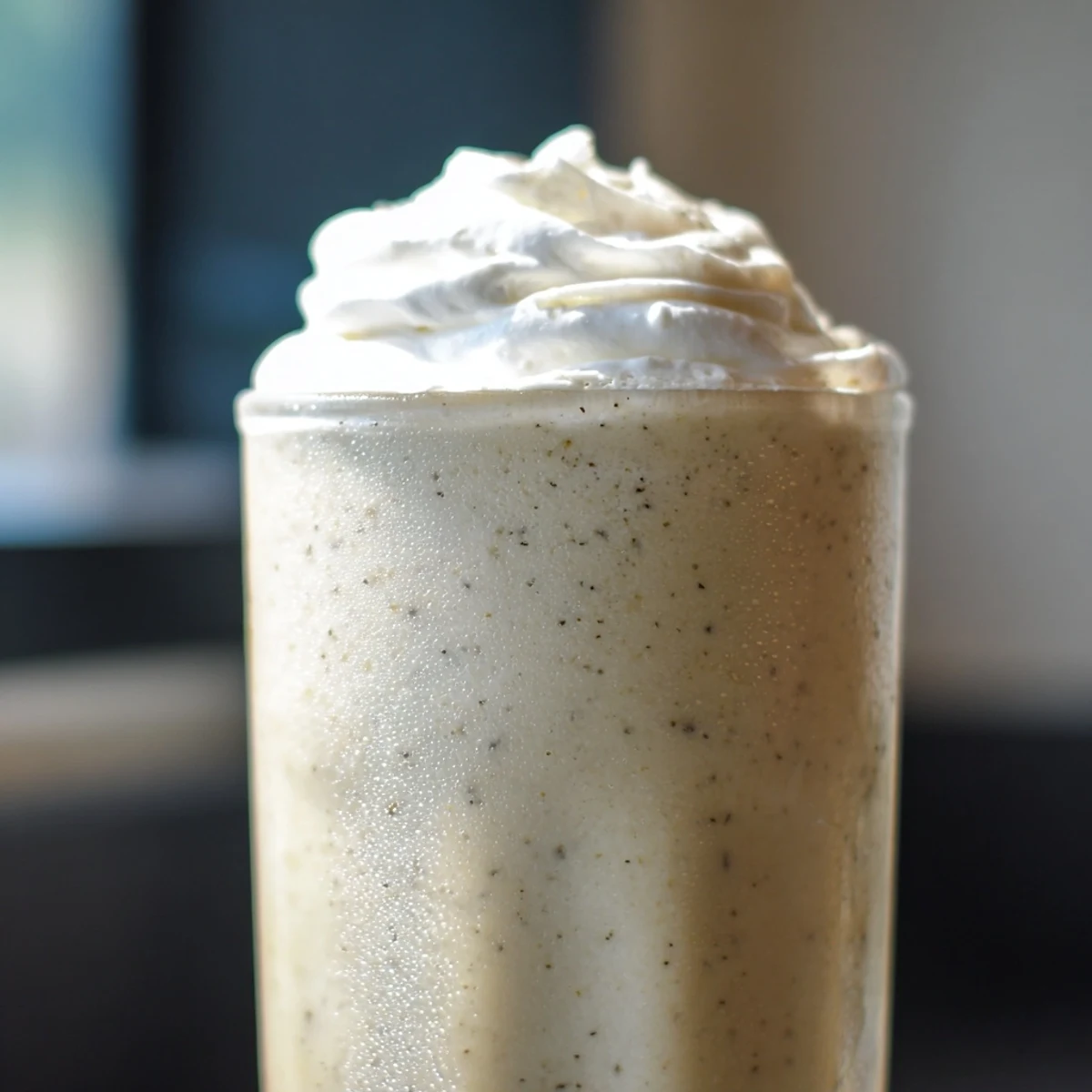 Creamy Starbucks Vanilla Bean Frappuccino topped with whipped cream, served in a tall chilled glass on a sunny day.  